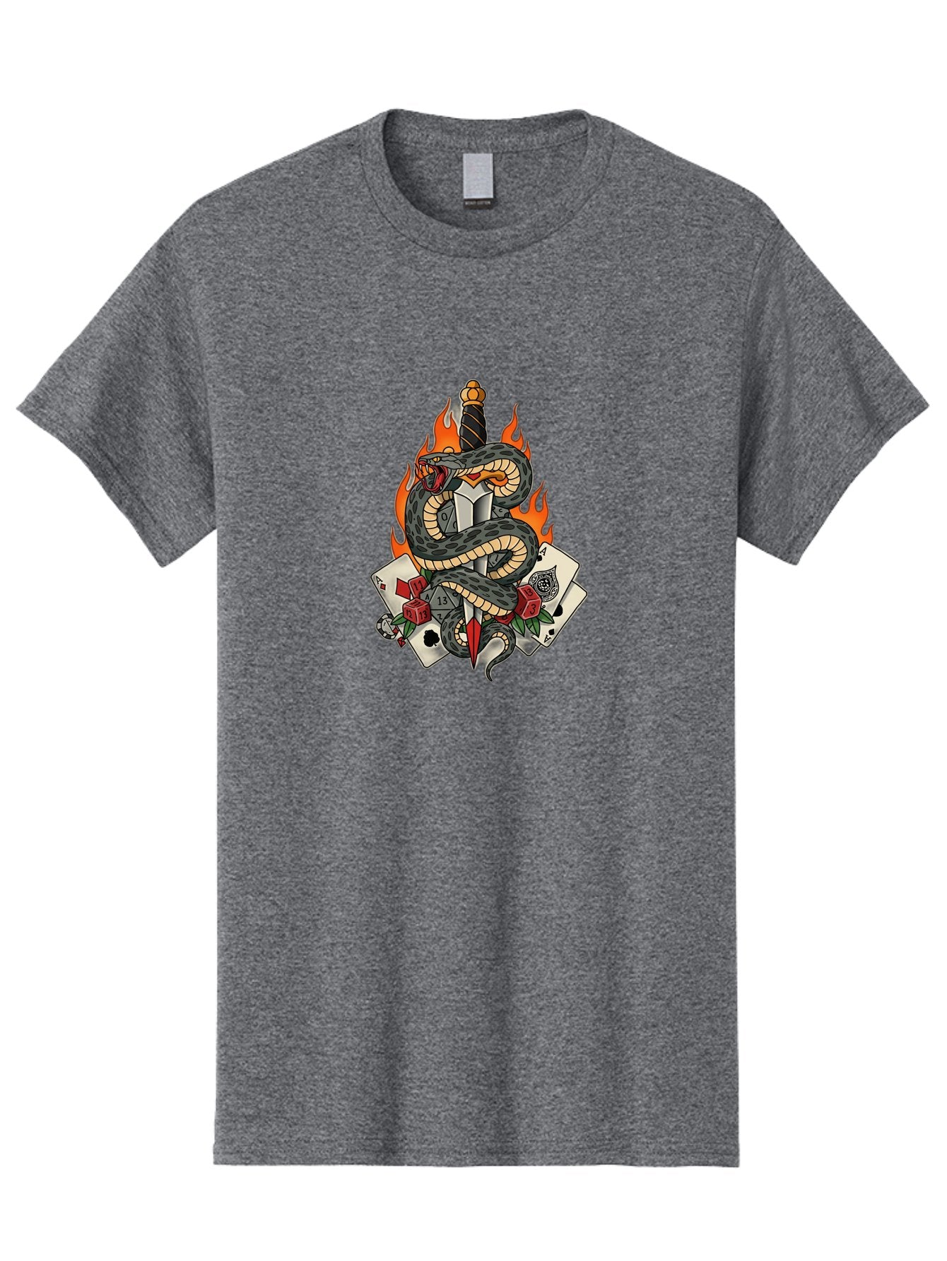 Snake-Dagger-Tattoo Men'S Graphic Tee, 100% Cotton, Comfortable Casual Summer Wear, Machine Washable, Snake Wrapped Dagger, Playing Cards, Red Dice, Skull, Flames, Tattoo Art, Traditional Tattoo, Bold Lines, Vibrant Colors, Dagger With Snake, Bad651