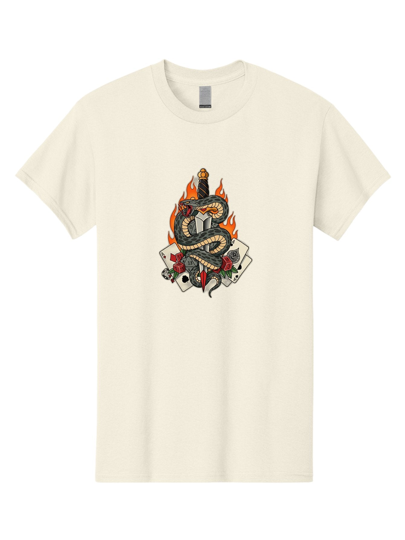 Snake-Dagger-Tattoo Men'S Graphic Tee, 100% Cotton, Comfortable Casual Summer Wear, Machine Washable, Snake Wrapped Dagger, Playing Cards, Red Dice, Skull, Flames, Tattoo Art, Traditional Tattoo, Bold Lines, Vibrant Colors, Dagger With Snake, Bad651 12