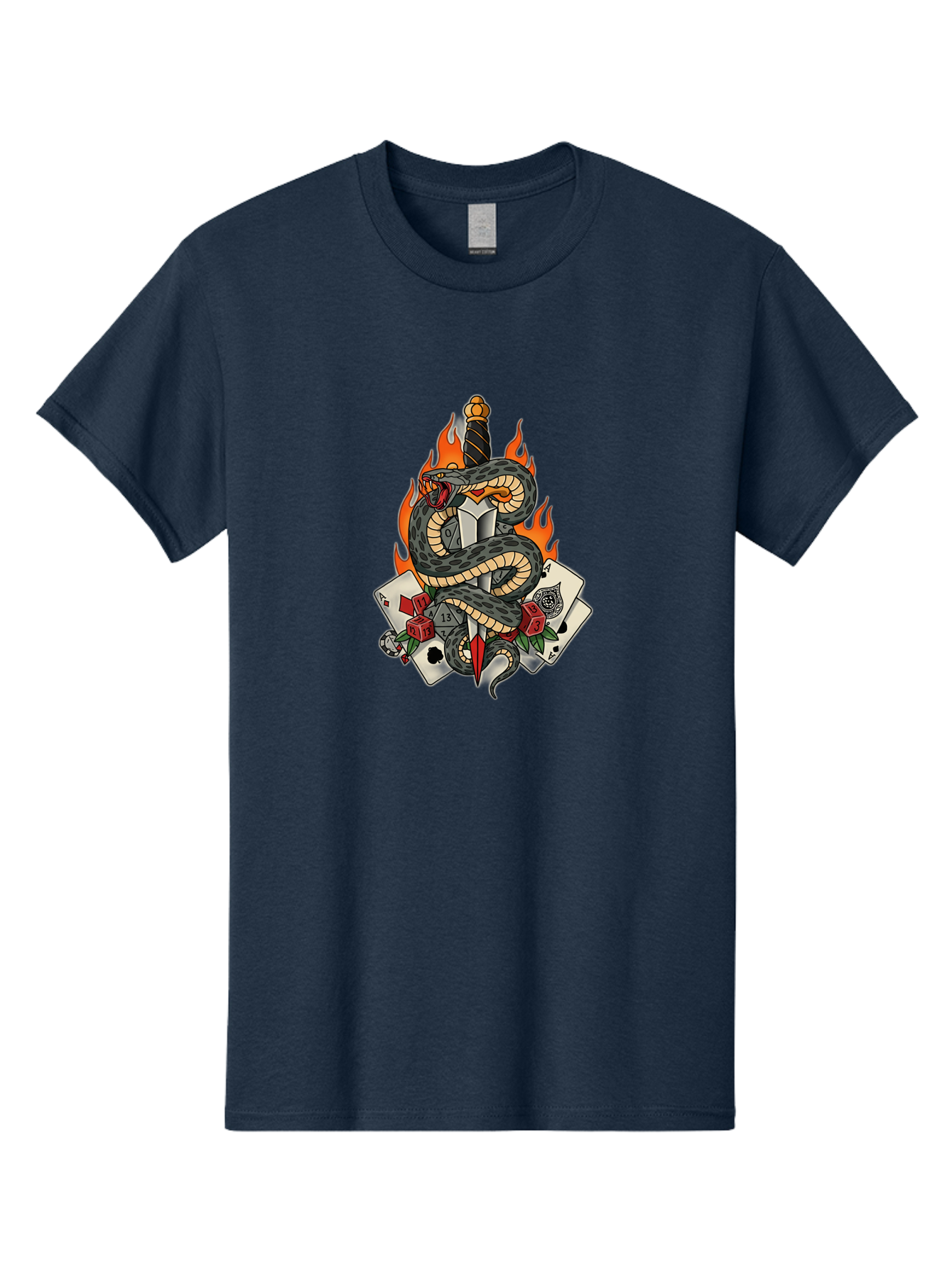 Snake-Dagger-Tattoo Men'S Graphic Tee, 100% Cotton, Comfortable Casual Summer Wear, Machine Washable, Snake Wrapped Dagger, Playing Cards, Red Dice, Skull, Flames, Tattoo Art, Traditional Tattoo, Bold Lines, Vibrant Colors, Dagger With Snake, Bad651 4