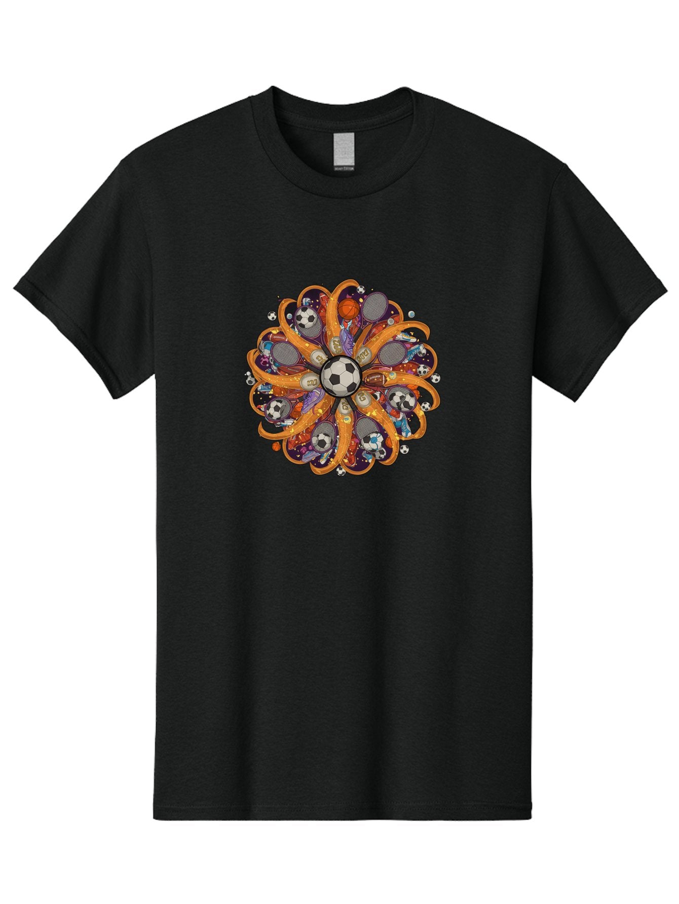 Soccer-Ball-Mandala Men'S Graphic Tee, 100% Cotton, Comfortable Casual Summer Wear, Machine Washable, Soccer Ball, Sports Equipment, Basketballs, Tennis Rackets, Athletic Gear, Vibrant Colors, Dynamic Design, Floral Pattern, Bad654 9