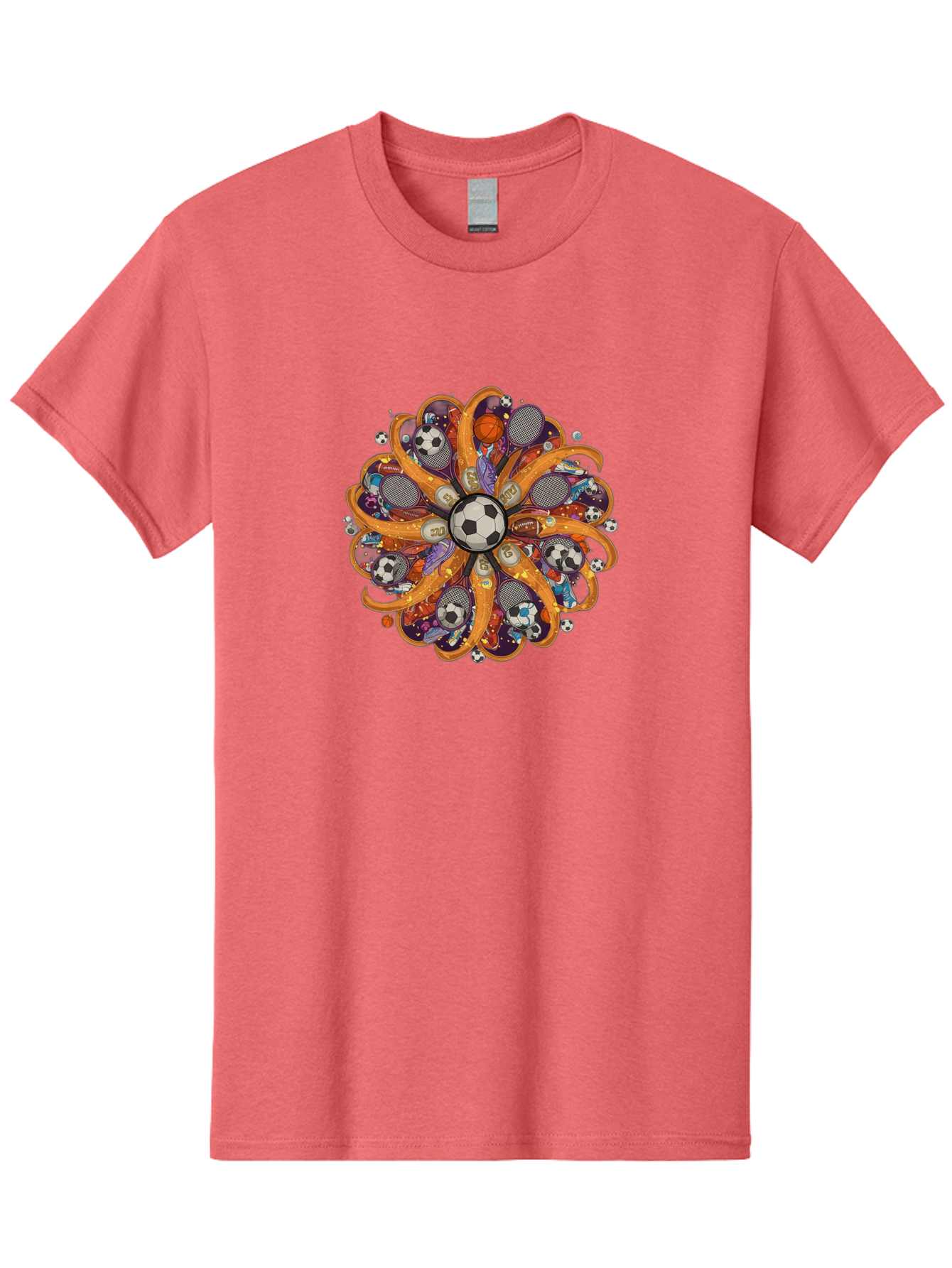 Soccer-Ball-Mandala Men'S Graphic Tee, 100% Cotton, Comfortable Casual Summer Wear, Machine Washable, Soccer Ball, Sports Equipment, Basketballs, Tennis Rackets, Athletic Gear, Vibrant Colors, Dynamic Design, Floral Pattern, Bad654 4
