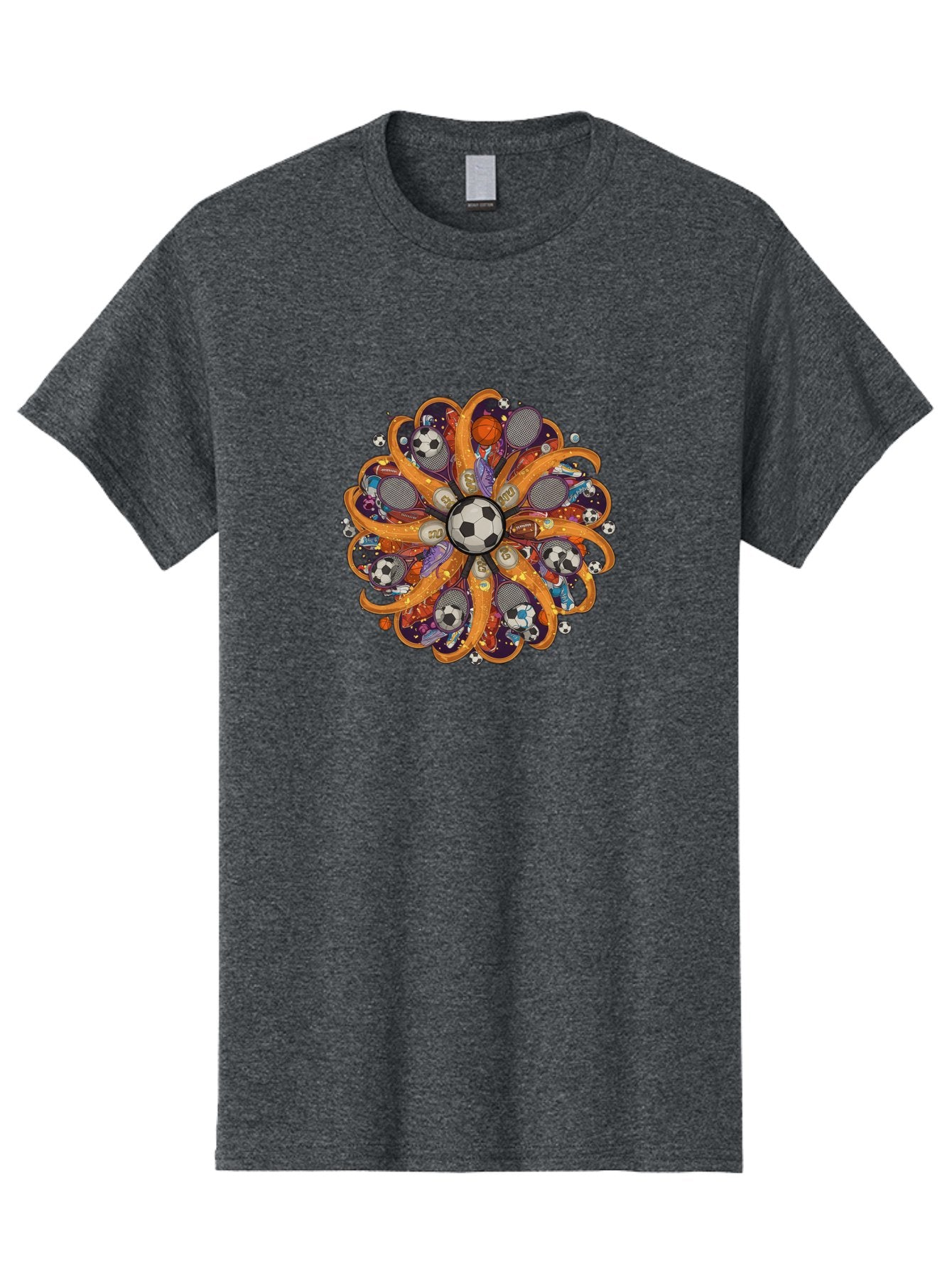 Soccer-Ball-Mandala Men'S Graphic Tee, 100% Cotton, Comfortable Casual Summer Wear, Machine Washable, Soccer Ball, Sports Equipment, Basketballs, Tennis Rackets, Athletic Gear, Vibrant Colors, Dynamic Design, Floral Pattern, Bad654 14