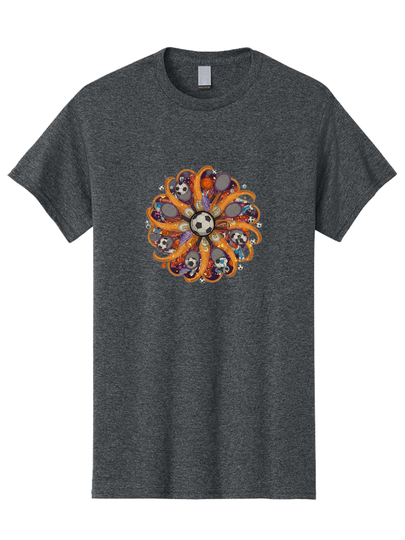 Soccer-Ball-Mandala Men'S Graphic Tee, 100% Cotton, Comfortable Casual Summer Wear, Machine Washable, Soccer Ball, Sports Equipment, Basketballs, Tennis Rackets, Athletic Gear, Vibrant Colors, Dynamic Design, Floral Pattern, Bad654