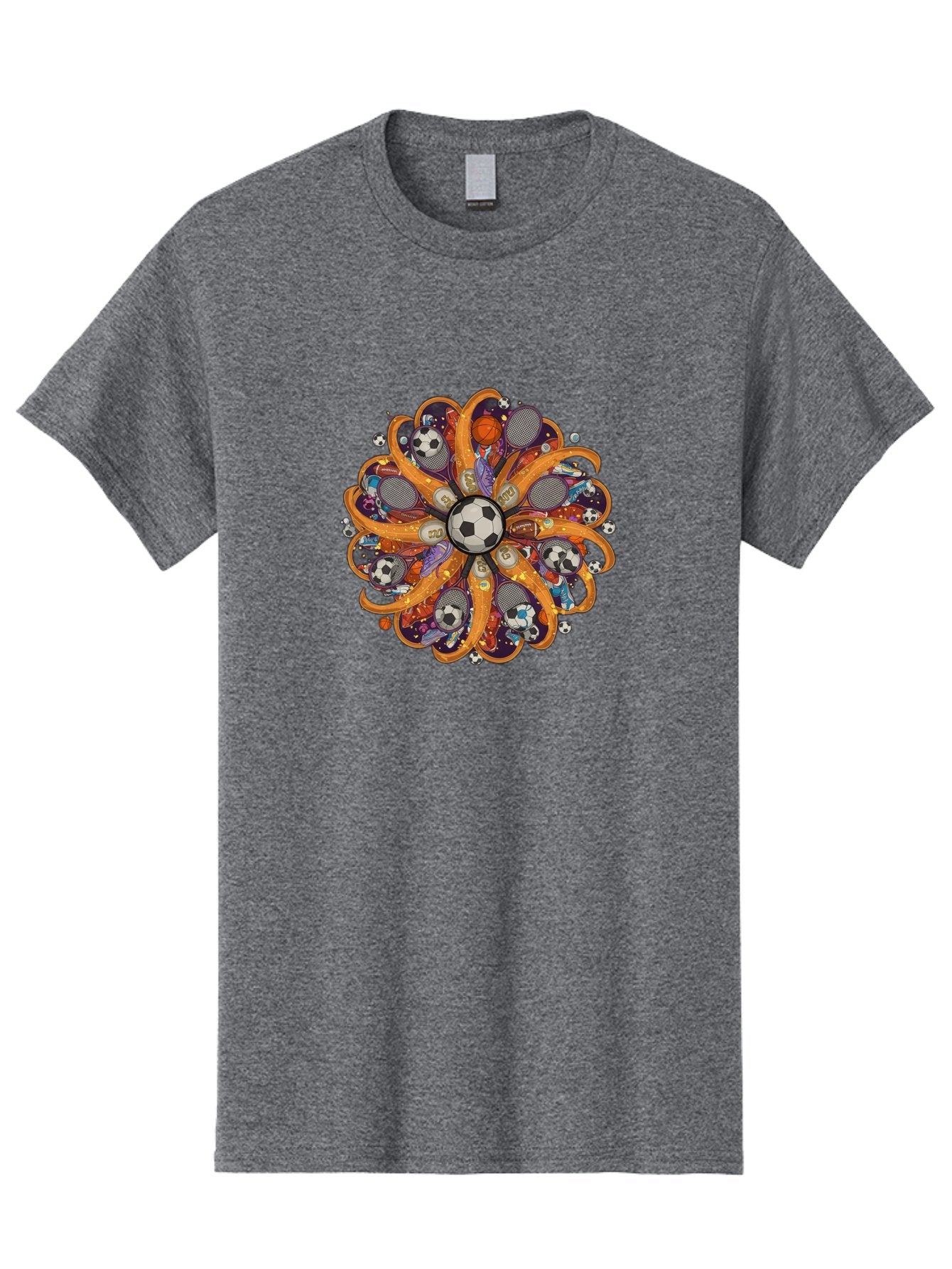 Soccer-Ball-Mandala Men'S Graphic Tee, 100% Cotton, Comfortable Casual Summer Wear, Machine Washable, Soccer Ball, Sports Equipment, Basketballs, Tennis Rackets, Athletic Gear, Vibrant Colors, Dynamic Design, Floral Pattern, Bad654 10