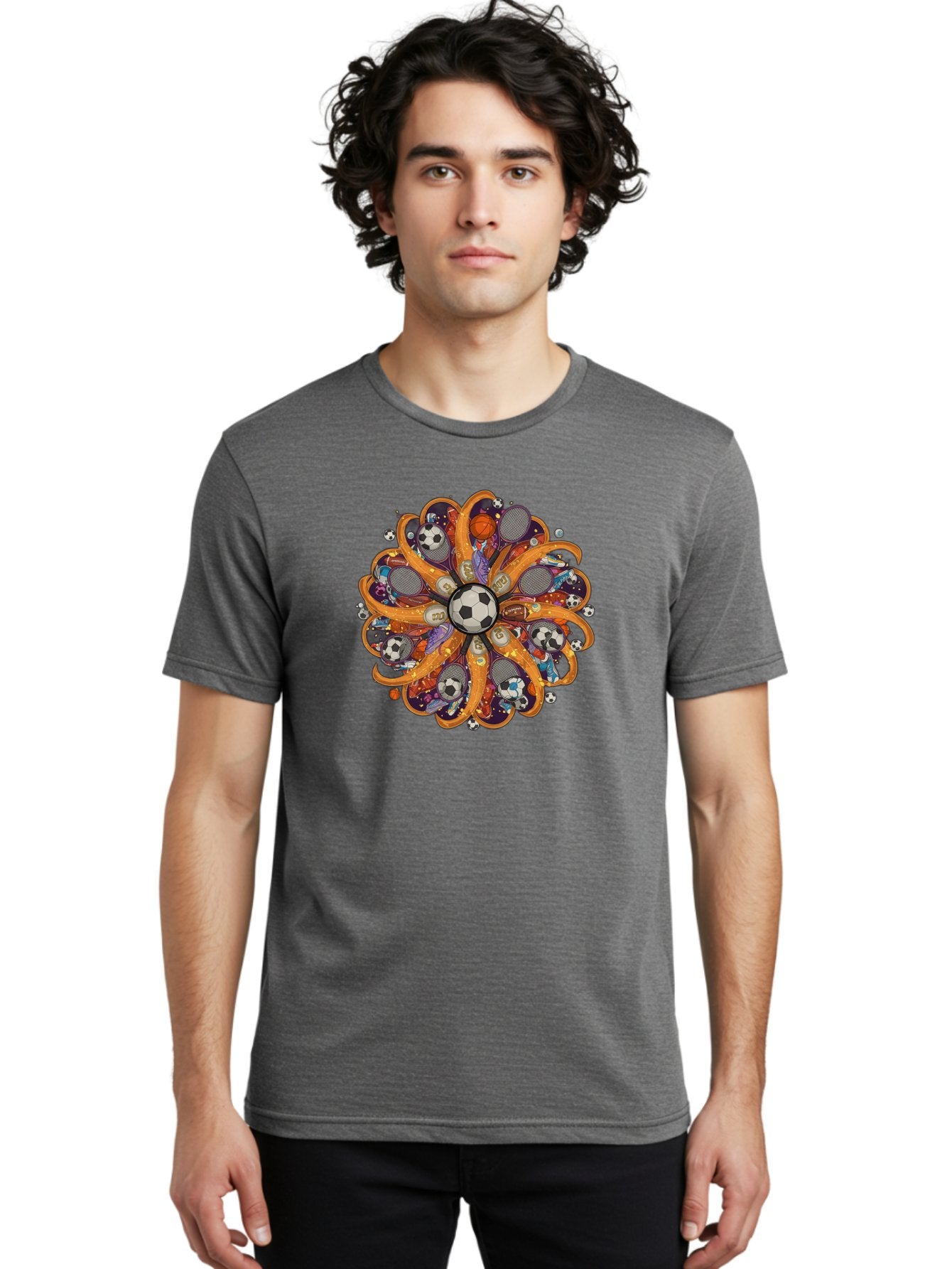 Soccer-Ball-Mandala Men'S Graphic Tee, 100% Cotton, Comfortable Casual Summer Wear, Machine Washable, Soccer Ball, Sports Equipment, Basketballs, Tennis Rackets, Athletic Gear, Vibrant Colors, Dynamic Design, Floral Pattern, Bad654 17
