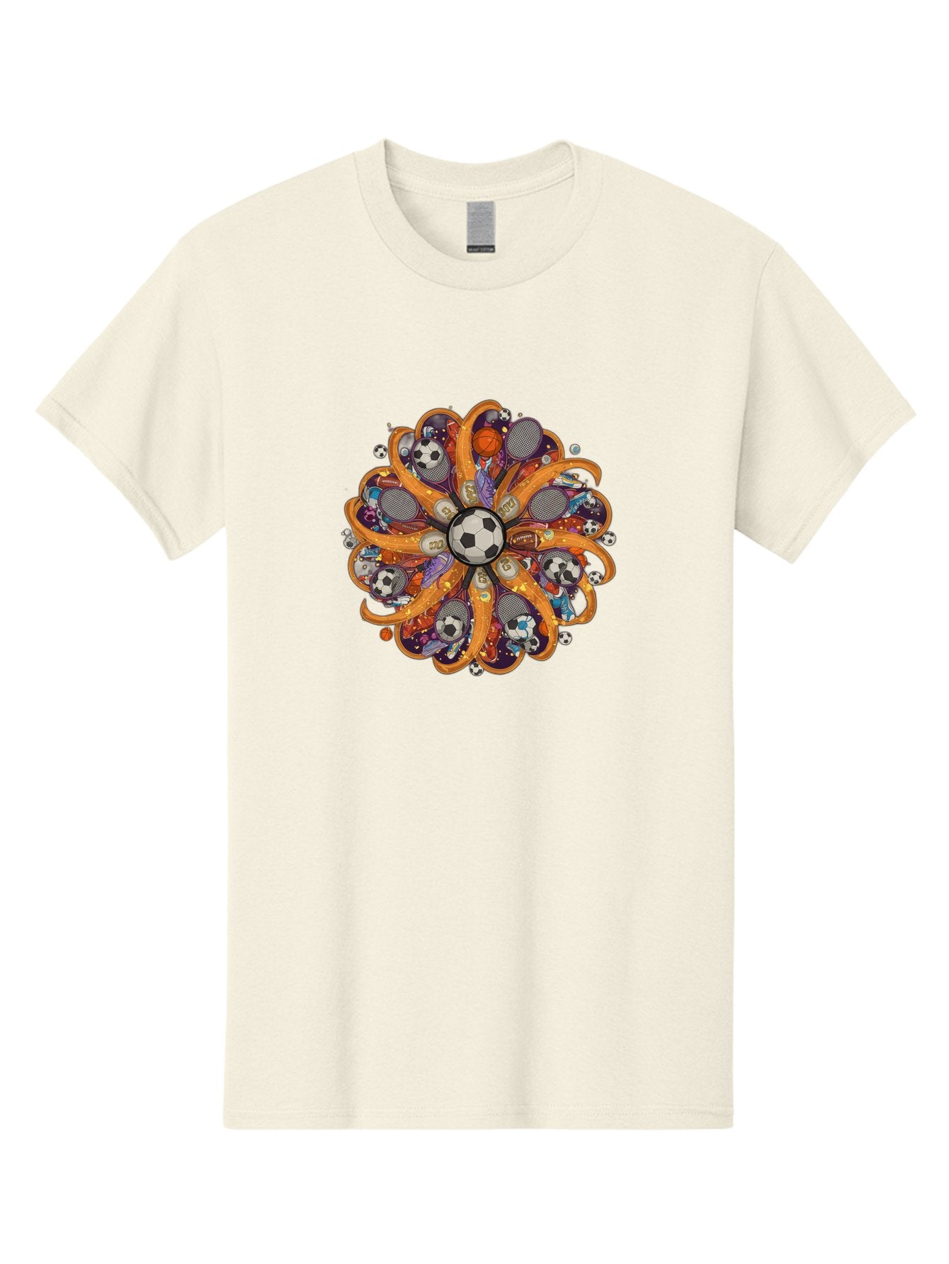 Soccer-Ball-Mandala Men'S Graphic Tee, 100% Cotton, Comfortable Casual Summer Wear, Machine Washable, Soccer Ball, Sports Equipment, Basketballs, Tennis Rackets, Athletic Gear, Vibrant Colors, Dynamic Design, Floral Pattern, Bad654 15