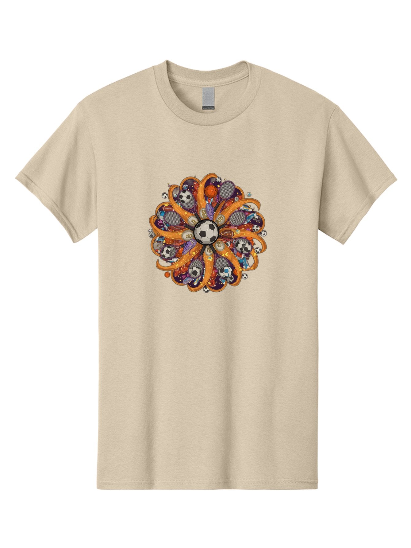 Soccer-Ball-Mandala Men'S Graphic Tee, 100% Cotton, Comfortable Casual Summer Wear, Machine Washable, Soccer Ball, Sports Equipment, Basketballs, Tennis Rackets, Athletic Gear, Vibrant Colors, Dynamic Design, Floral Pattern, Bad654 6