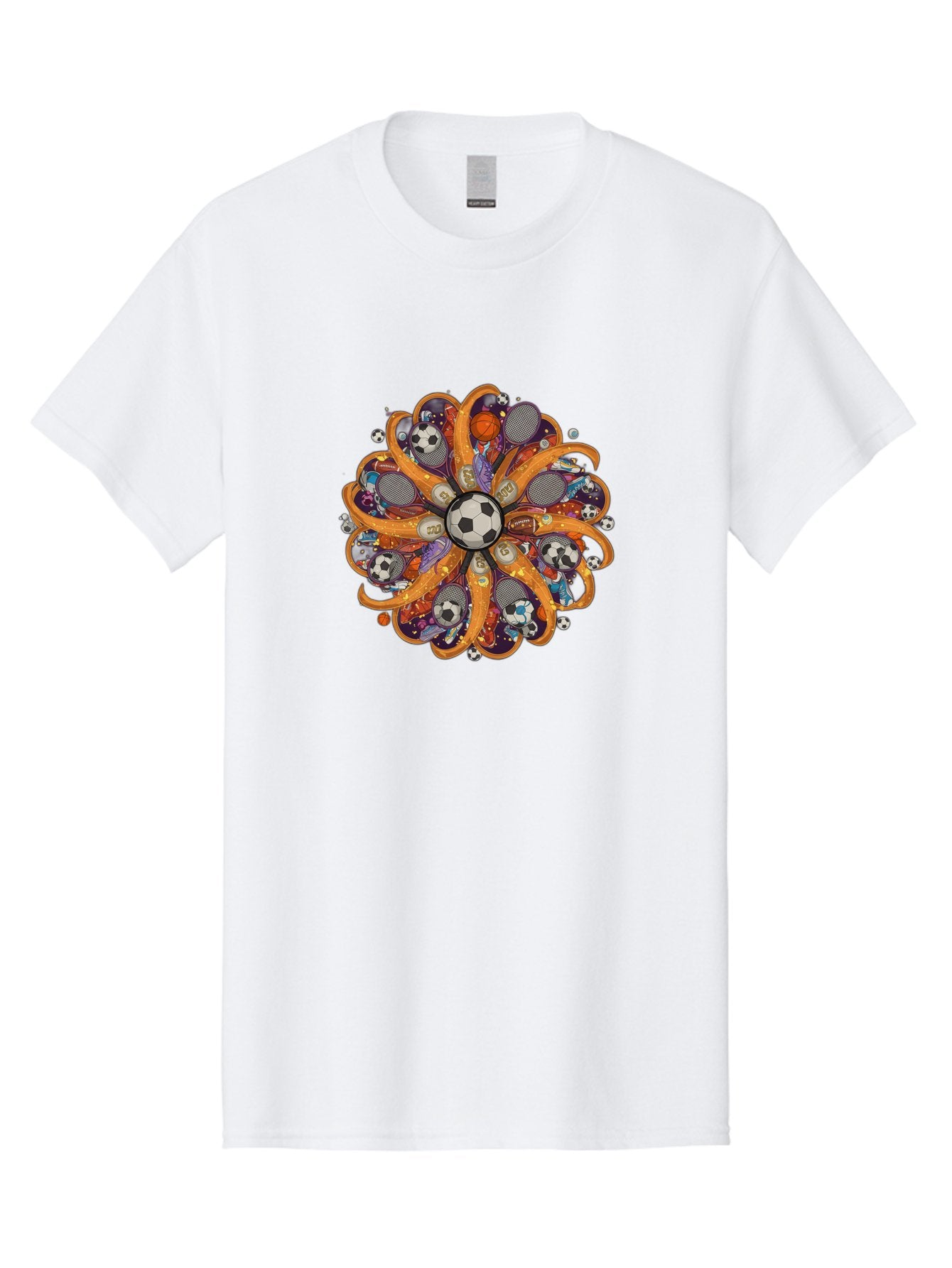 Soccer-Ball-Mandala Men'S Graphic Tee, 100% Cotton, Comfortable Casual Summer Wear, Machine Washable, Soccer Ball, Sports Equipment, Basketballs, Tennis Rackets, Athletic Gear, Vibrant Colors, Dynamic Design, Floral Pattern, Bad654 12