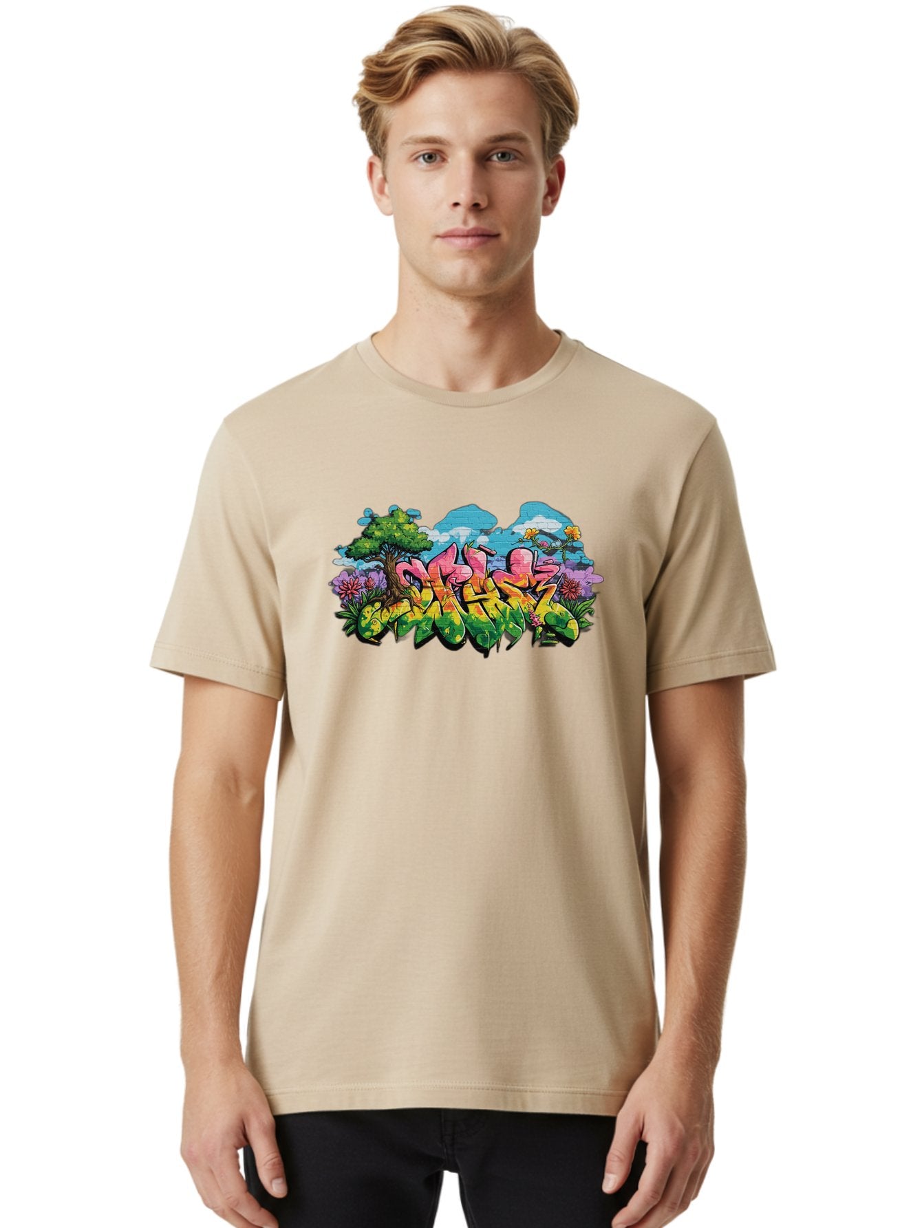 Sos Men'S Graphic Tee, 100% Cotton, Comfortable Casual Summer Wear, Machine Washable, Graffiti Art, Street Art Style, 5050, Pink, Yellow, Green, Flowers, Tree, Blue Sky, White Clouds, Vibrant Colors, Urban Art, Contemporary Art, Street Culture Bad655 22