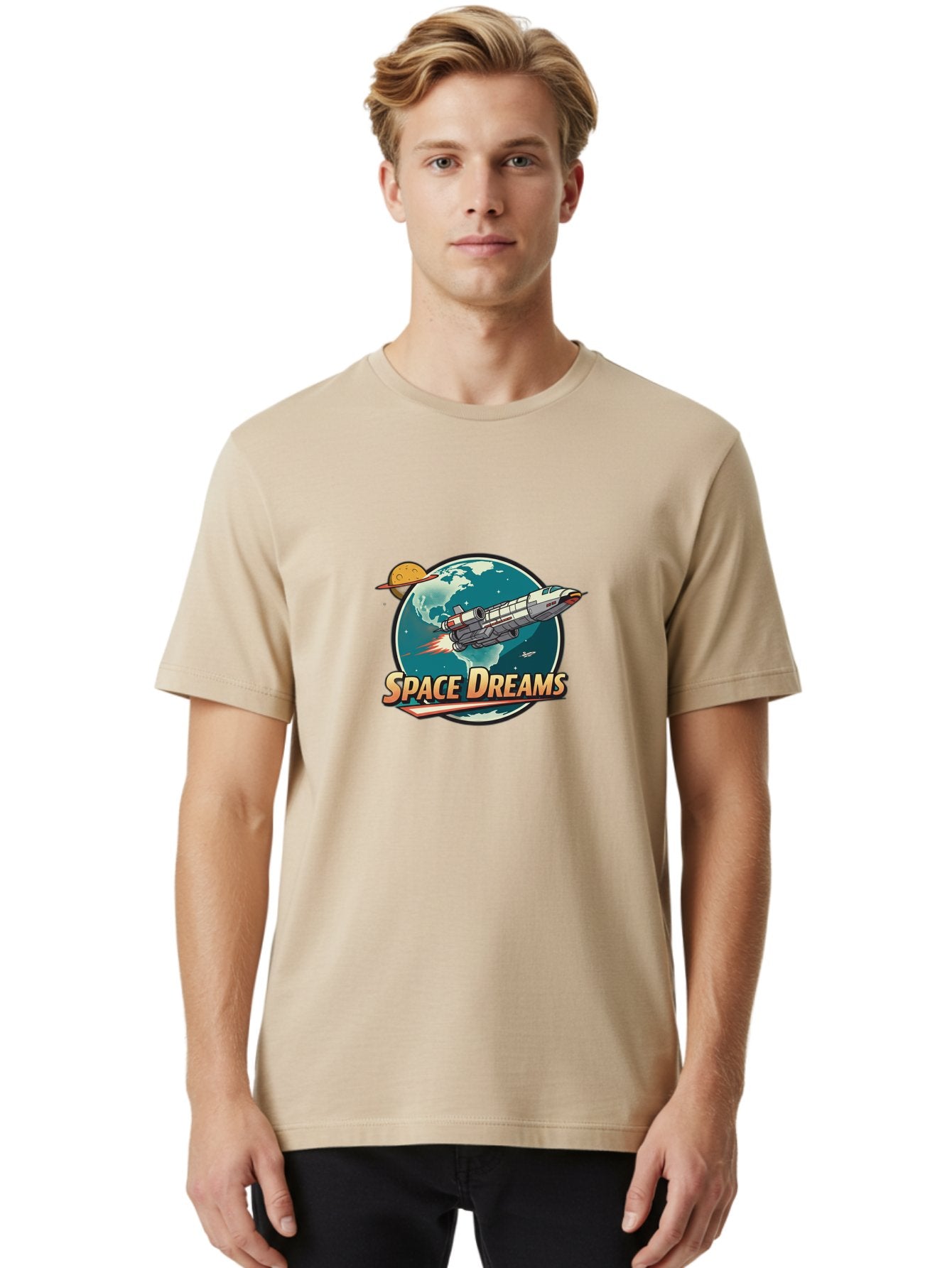 Space-Dreams-5 Men'S Graphic Tee, 100% Cotton, Comfortable Casual Summer Wear, Machine Washable, Spacecraft Flying Around The Earth, Planets, Stars, Space Travel, Adventure, Galaxy Exploration, Cosmic Journey, Futuristic, Sci-Fi Bad661 24