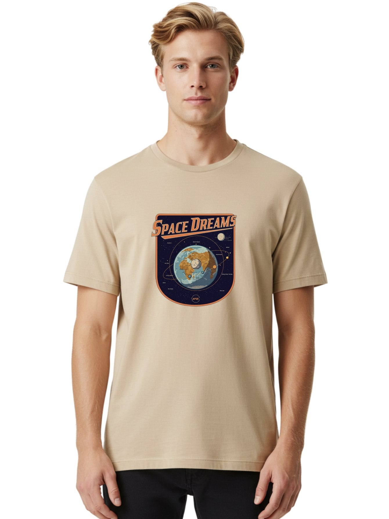 Space-Dreams-8 Men'S Graphic Tee, 100% Cotton, Comfortable Casual Summer Wear, Machine Washable, Space Dreams Poster, Satellite Orbits, Moon Phases, Earth From Space, Celestial Navigation, Astronomy Art, Vintage Style, Retro Futurism, Bad664 23