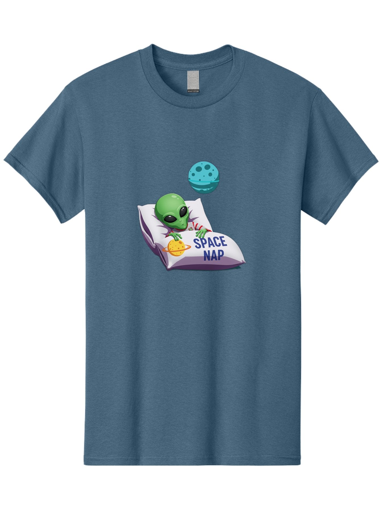 Space-Nap-2 Men'S Graphic Tee, 100% Cotton, Comfortable Casual Summer Wear, Machine Washable, Alien Sleeping, Cartoon Character, Space-Themed Pillow, Planetary Design, Relaxed Atmosphere, Extraterrestrial Being, Humorous Illustration, Bad667 5