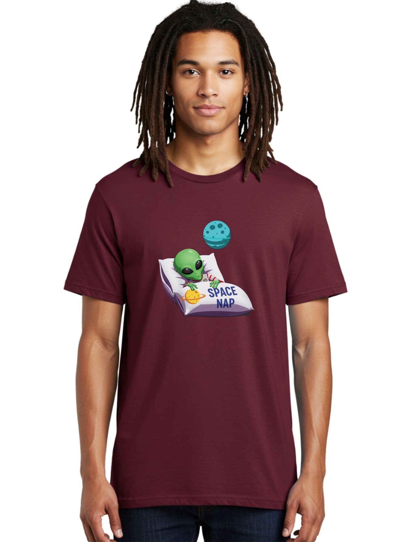 Space-Nap-2 Men'S Graphic Tee, 100% Cotton, Comfortable Casual Summer Wear, Machine Washable, Alien Sleeping, Cartoon Character, Space-Themed Pillow, Planetary Design, Relaxed Atmosphere, Extraterrestrial Being, Humorous Illustration, Bad667 17