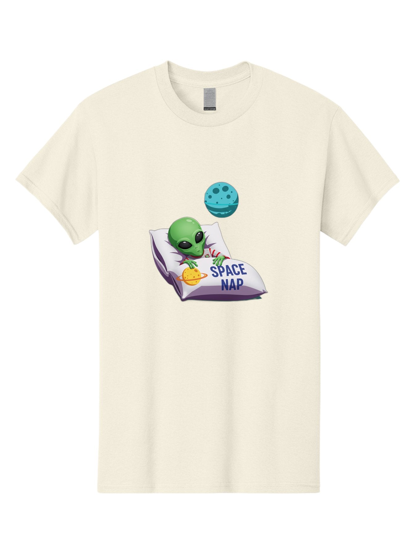 Space-Nap-2 Men'S Graphic Tee, 100% Cotton, Comfortable Casual Summer Wear, Machine Washable, Alien Sleeping, Cartoon Character, Space-Themed Pillow, Planetary Design, Relaxed Atmosphere, Extraterrestrial Being, Humorous Illustration, Bad667 8