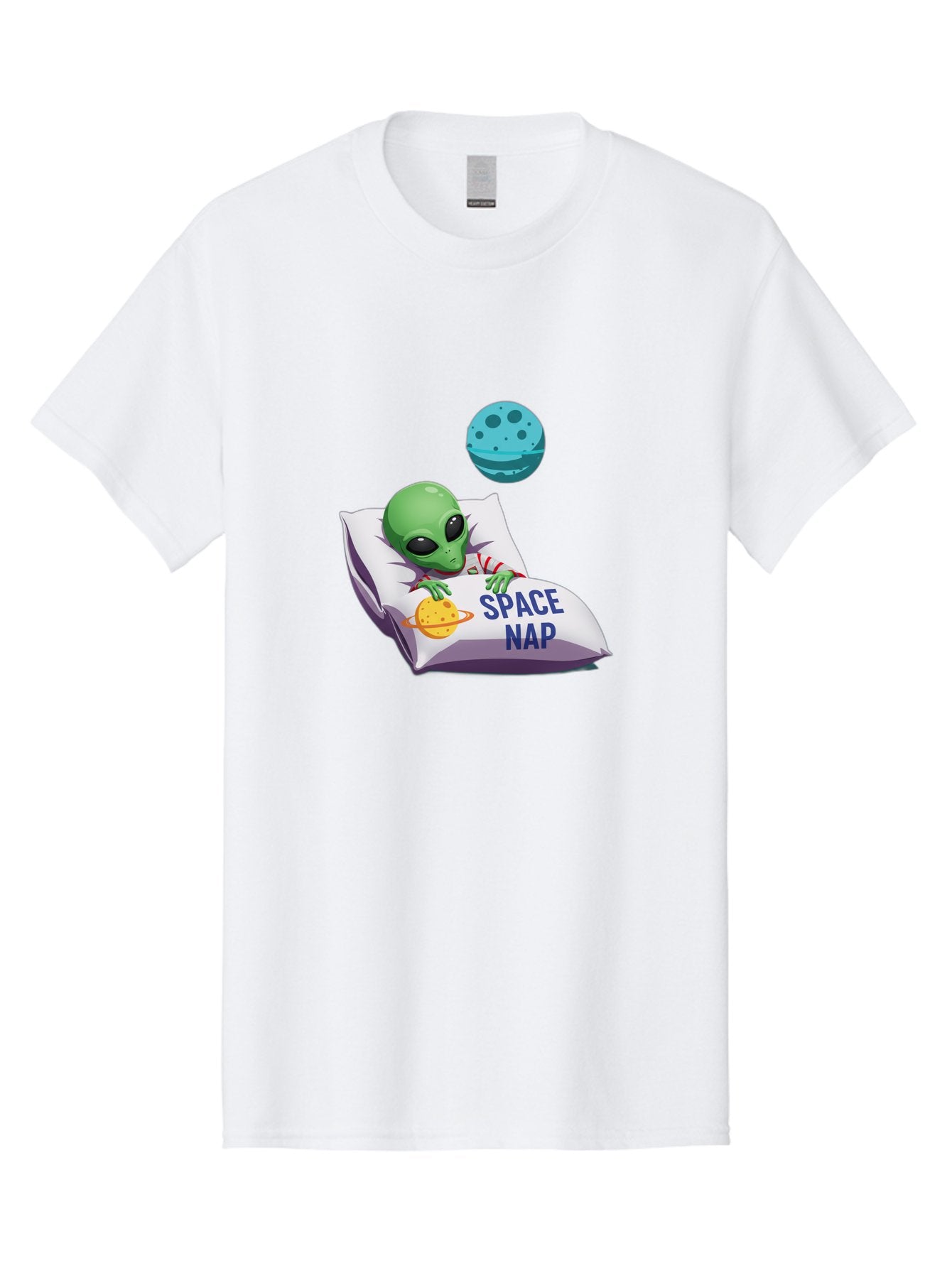 Space-Nap-2 Men'S Graphic Tee, 100% Cotton, Comfortable Casual Summer Wear, Machine Washable, Alien Sleeping, Cartoon Character, Space-Themed Pillow, Planetary Design, Relaxed Atmosphere, Extraterrestrial Being, Humorous Illustration, Bad667 15