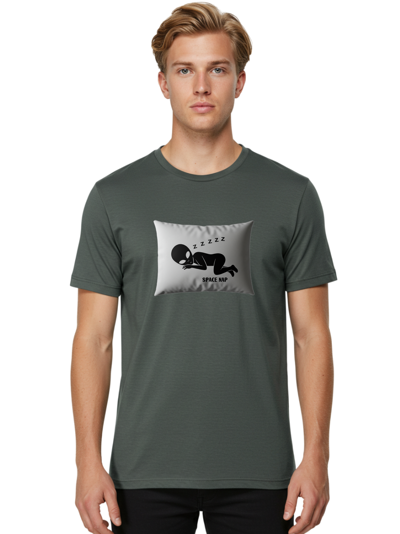 Space-Nap-3 Men'S Graphic Tee, 100% Cotton, Comfortable Casual Summer Wear, Machine Washable, Sleeping Alien, Pillow Design, Funny Gift, Alien Graphic, Space Humor, Zzz Symbol, Funny Pillow, Extraterrestrial Bad668 24
