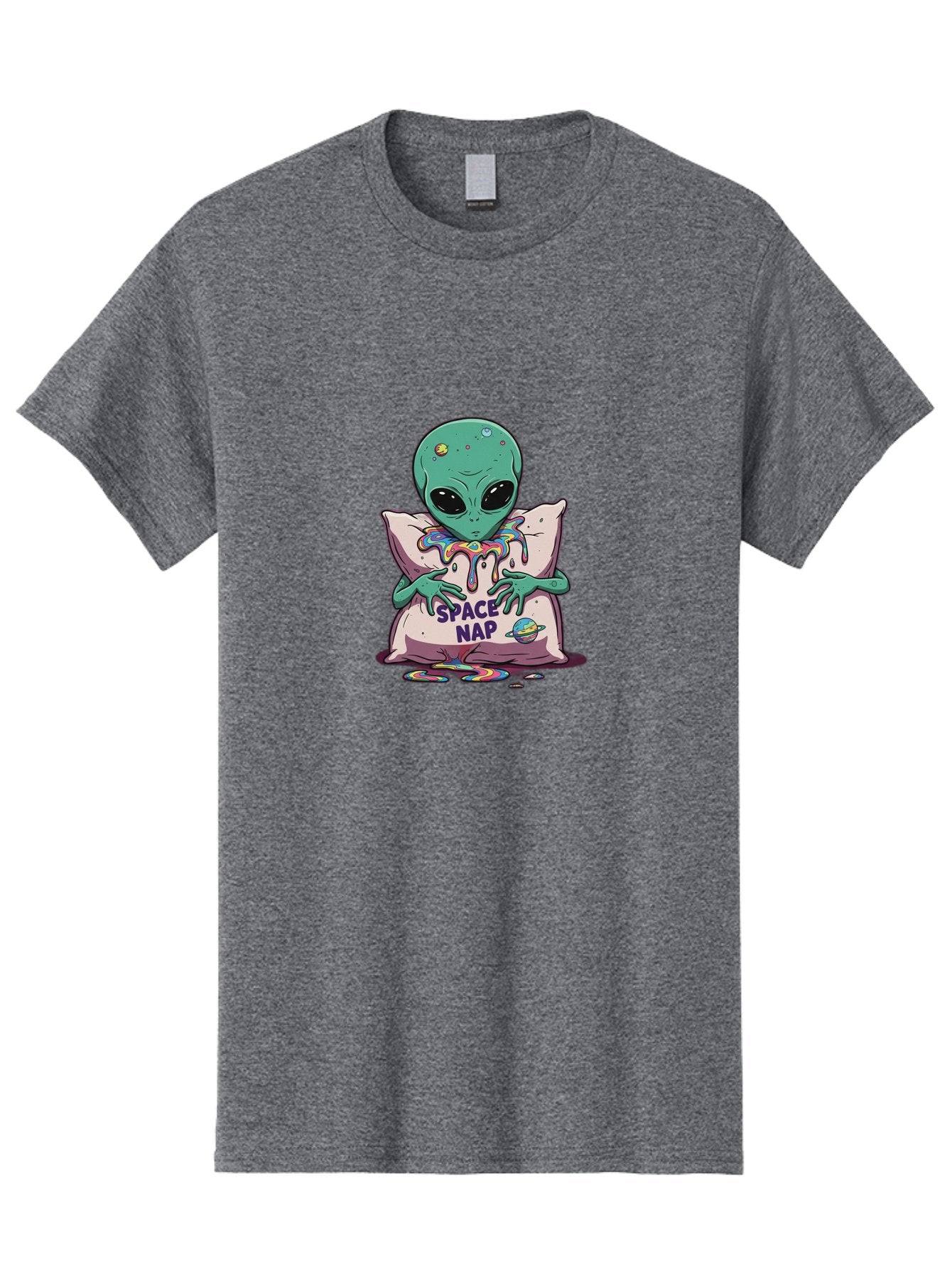 Space-Nap-5 Men'S Graphic Tee, 100% Cotton, Comfortable Casual Summer Wear, Machine Washable, Alien Resting On Pillow, Rainbow Slime, Galaxy Theme, Extraterrestrial Being, Cute Cartoon Character, Humorous Illustration, Space Nap, Bad670 8