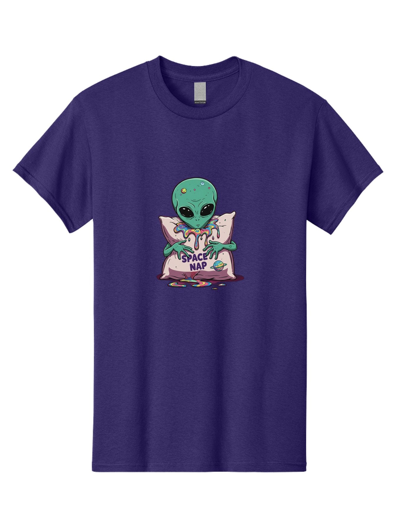 Space-Nap-5 Men'S Graphic Tee, 100% Cotton, Comfortable Casual Summer Wear, Machine Washable, Alien Resting On Pillow, Rainbow Slime, Galaxy Theme, Extraterrestrial Being, Cute Cartoon Character, Humorous Illustration, Space Nap, Bad670 14