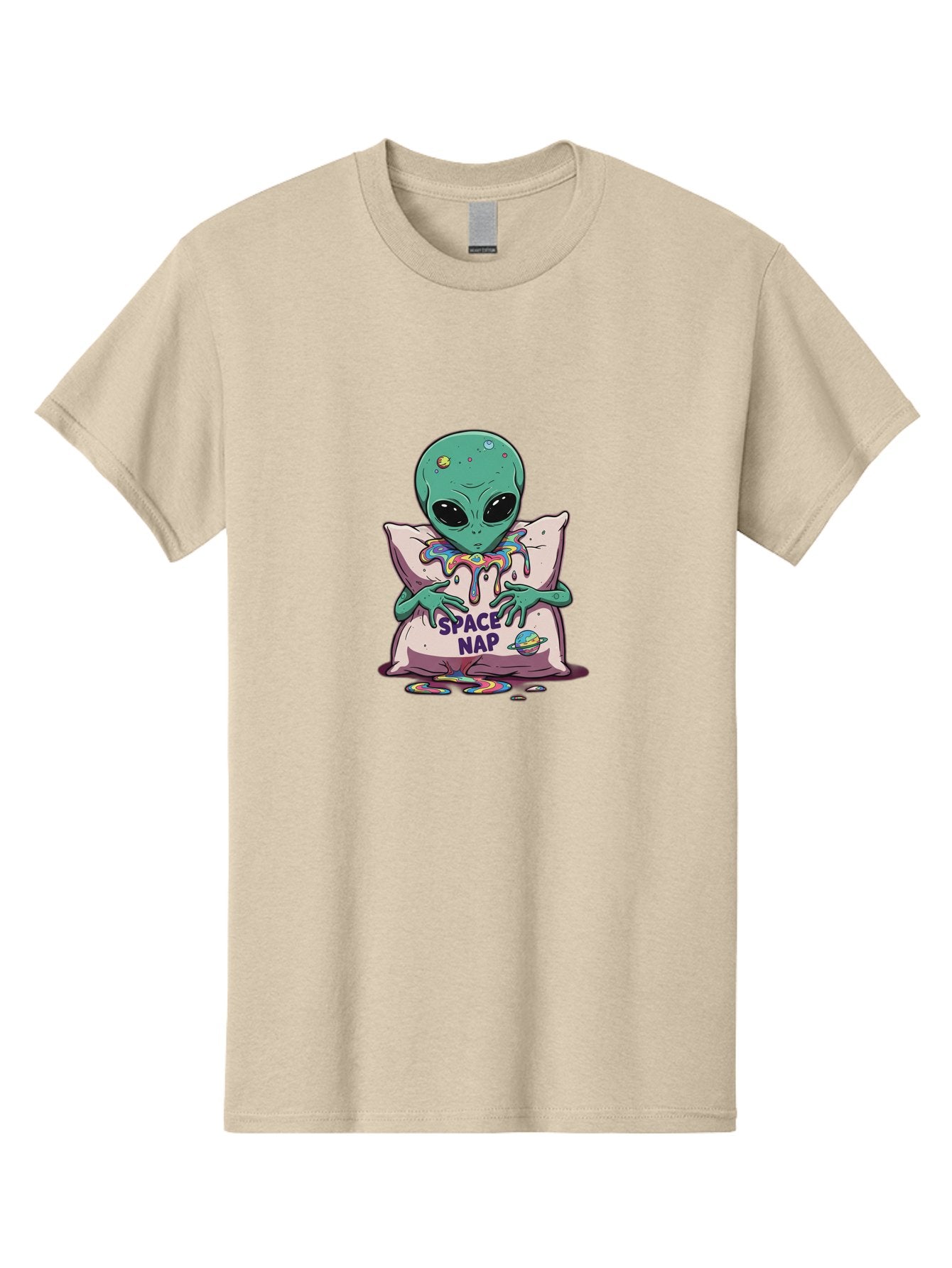 Space-Nap-5 Men'S Graphic Tee, 100% Cotton, Comfortable Casual Summer Wear, Machine Washable, Alien Resting On Pillow, Rainbow Slime, Galaxy Theme, Extraterrestrial Being, Cute Cartoon Character, Humorous Illustration, Space Nap, Bad670 9