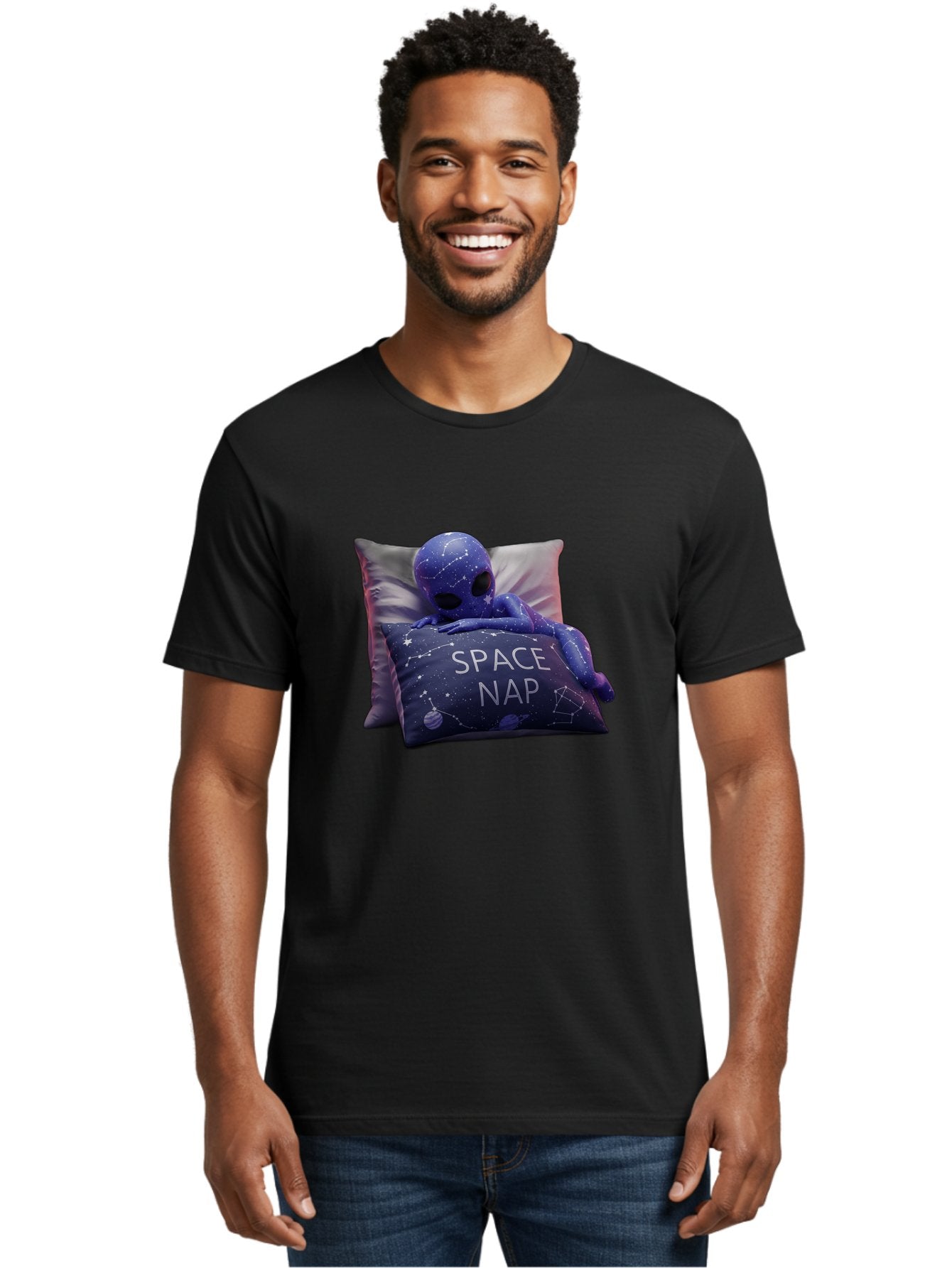 Space-Nap-7 Men'S Graphic Tee, 100% Cotton, Comfortable Casual Summer Wear, Machine Washable, Purple Alien Doll, Sleeping On Pillows, Galaxy-Themed Pillowcase, Cute Extraterrestrial, Space-Themed Decor, Constellations, Stars, Planets, Bad672 24