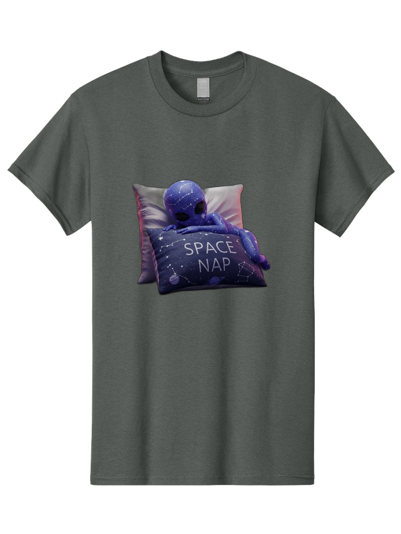 Space-Nap-7 Men'S Graphic Tee, 100% Cotton, Comfortable Casual Summer Wear, Machine Washable, Purple Alien Doll, Sleeping On Pillows, Galaxy-Themed Pillowcase, Cute Extraterrestrial, Space-Themed Decor, Constellations, Stars, Planets, Bad672 10