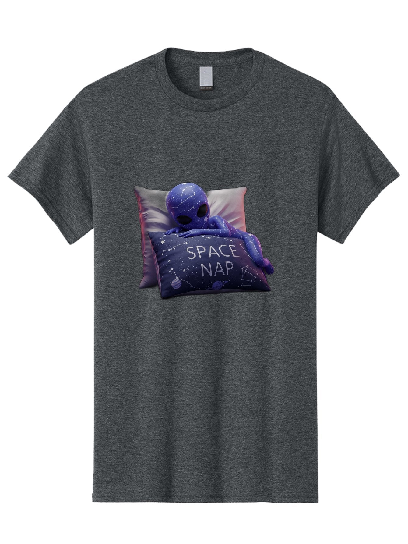 Space-Nap-7 Men'S Graphic Tee, 100% Cotton, Comfortable Casual Summer Wear, Machine Washable, Purple Alien Doll, Sleeping On Pillows, Galaxy-Themed Pillowcase, Cute Extraterrestrial, Space-Themed Decor, Constellations, Stars, Planets, Bad672 15