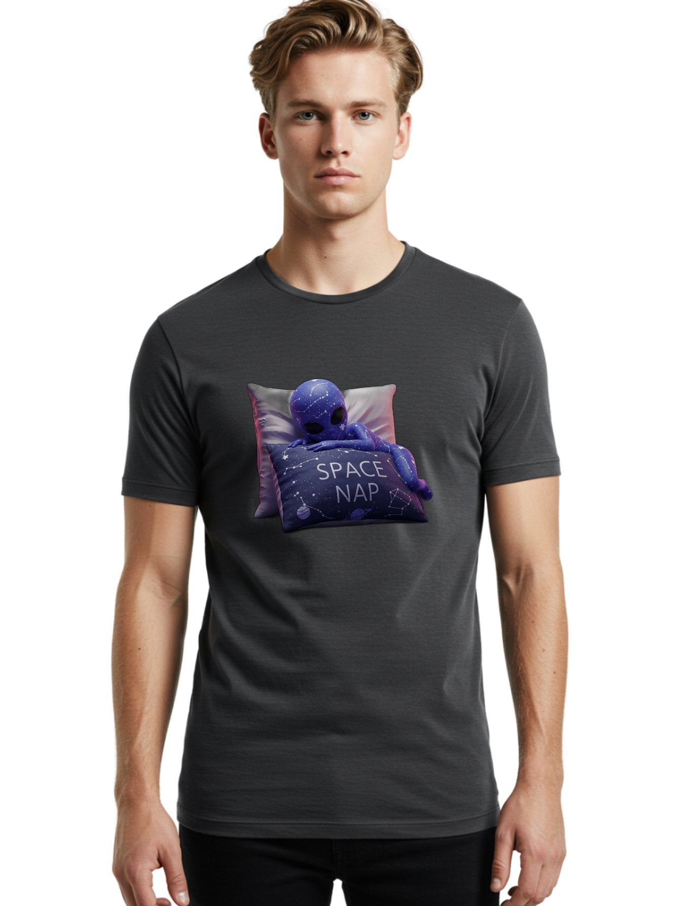 Space-Nap-7 Men'S Graphic Tee, 100% Cotton, Comfortable Casual Summer Wear, Machine Washable, Purple Alien Doll, Sleeping On Pillows, Galaxy-Themed Pillowcase, Cute Extraterrestrial, Space-Themed Decor, Constellations, Stars, Planets, Bad672 30