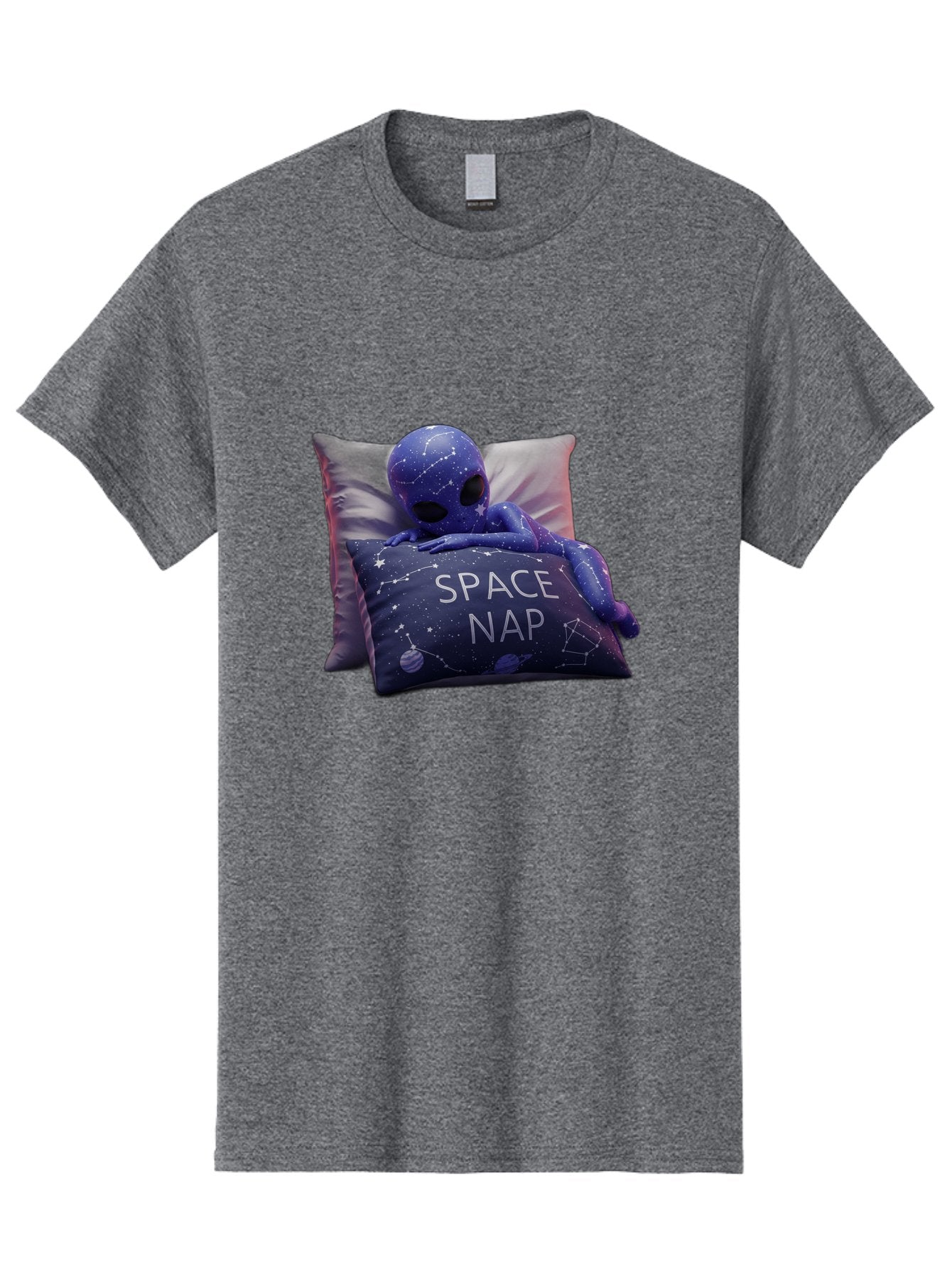 Space-Nap-7 Men'S Graphic Tee, 100% Cotton, Comfortable Casual Summer Wear, Machine Washable, Purple Alien Doll, Sleeping On Pillows, Galaxy-Themed Pillowcase, Cute Extraterrestrial, Space-Themed Decor, Constellations, Stars, Planets, Bad672 12