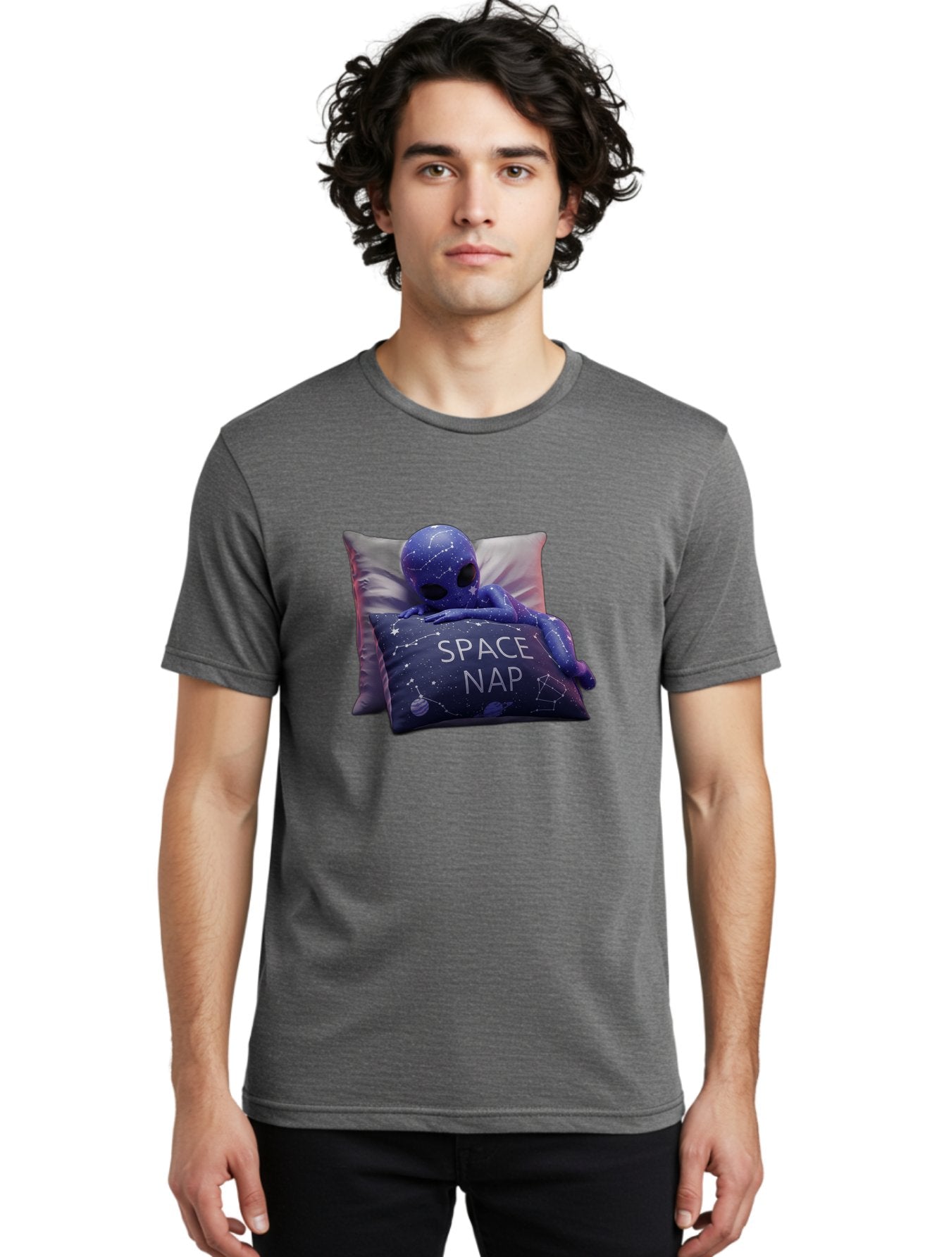 Space-Nap-7 Men'S Graphic Tee, 100% Cotton, Comfortable Casual Summer Wear, Machine Washable, Purple Alien Doll, Sleeping On Pillows, Galaxy-Themed Pillowcase, Cute Extraterrestrial, Space-Themed Decor, Constellations, Stars, Planets, Bad672 28