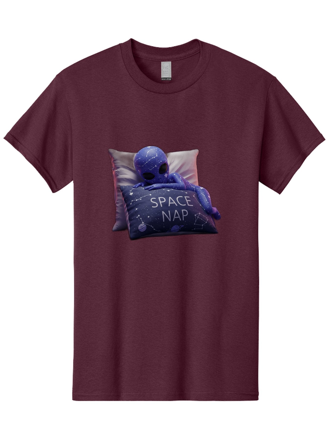 Space-Nap-7 Men'S Graphic Tee, 100% Cotton, Comfortable Casual Summer Wear, Machine Washable, Purple Alien Doll, Sleeping On Pillows, Galaxy-Themed Pillowcase, Cute Extraterrestrial, Space-Themed Decor, Constellations, Stars, Planets, Bad672 4