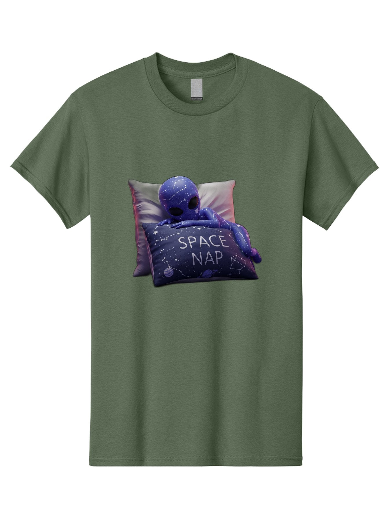 Space-Nap-7 Men'S Graphic Tee, 100% Cotton, Comfortable Casual Summer Wear, Machine Washable, Purple Alien Doll, Sleeping On Pillows, Galaxy-Themed Pillowcase, Cute Extraterrestrial, Space-Themed Decor, Constellations, Stars, Planets, Bad672