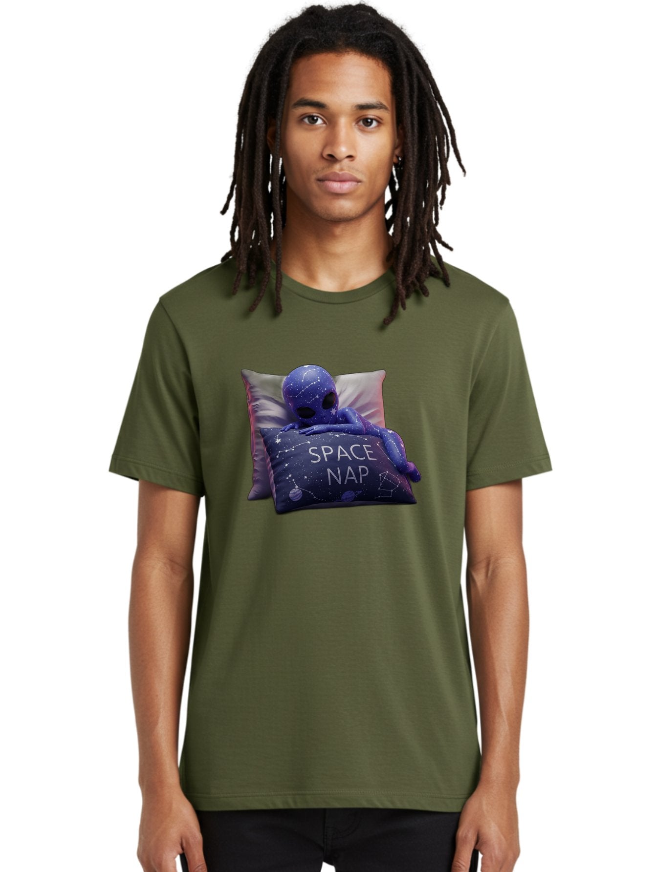 Space-Nap-7 Men'S Graphic Tee, 100% Cotton, Comfortable Casual Summer Wear, Machine Washable, Purple Alien Doll, Sleeping On Pillows, Galaxy-Themed Pillowcase, Cute Extraterrestrial, Space-Themed Decor, Constellations, Stars, Planets, Bad672 21