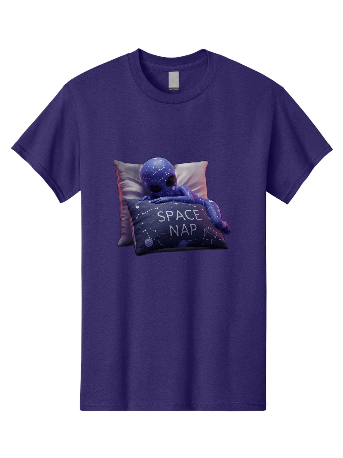 Space-Nap-7 Men'S Graphic Tee, 100% Cotton, Comfortable Casual Summer Wear, Machine Washable, Purple Alien Doll, Sleeping On Pillows, Galaxy-Themed Pillowcase, Cute Extraterrestrial, Space-Themed Decor, Constellations, Stars, Planets, Bad672 8