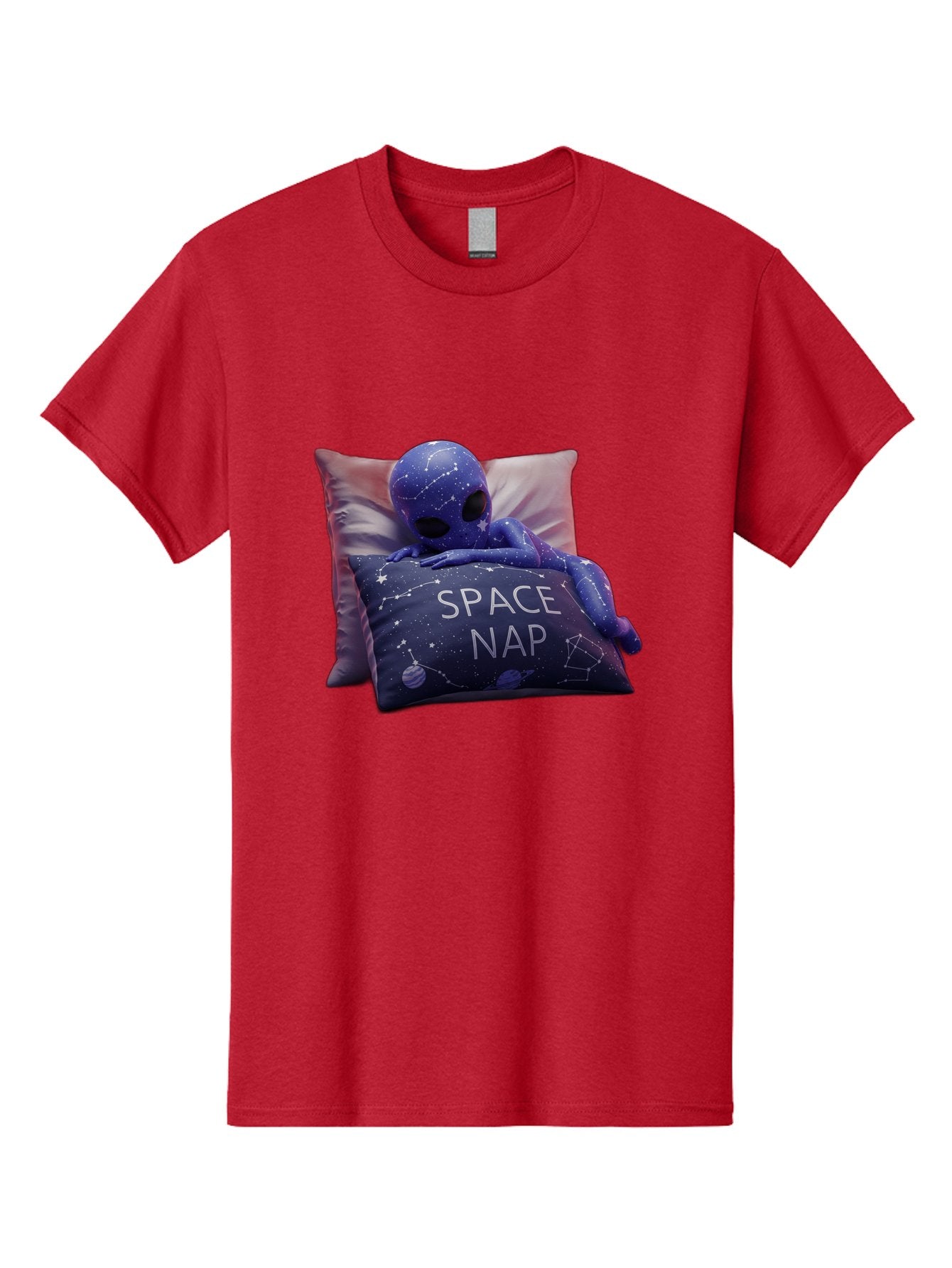 Space-Nap-7 Men'S Graphic Tee, 100% Cotton, Comfortable Casual Summer Wear, Machine Washable, Purple Alien Doll, Sleeping On Pillows, Galaxy-Themed Pillowcase, Cute Extraterrestrial, Space-Themed Decor, Constellations, Stars, Planets, Bad672 13