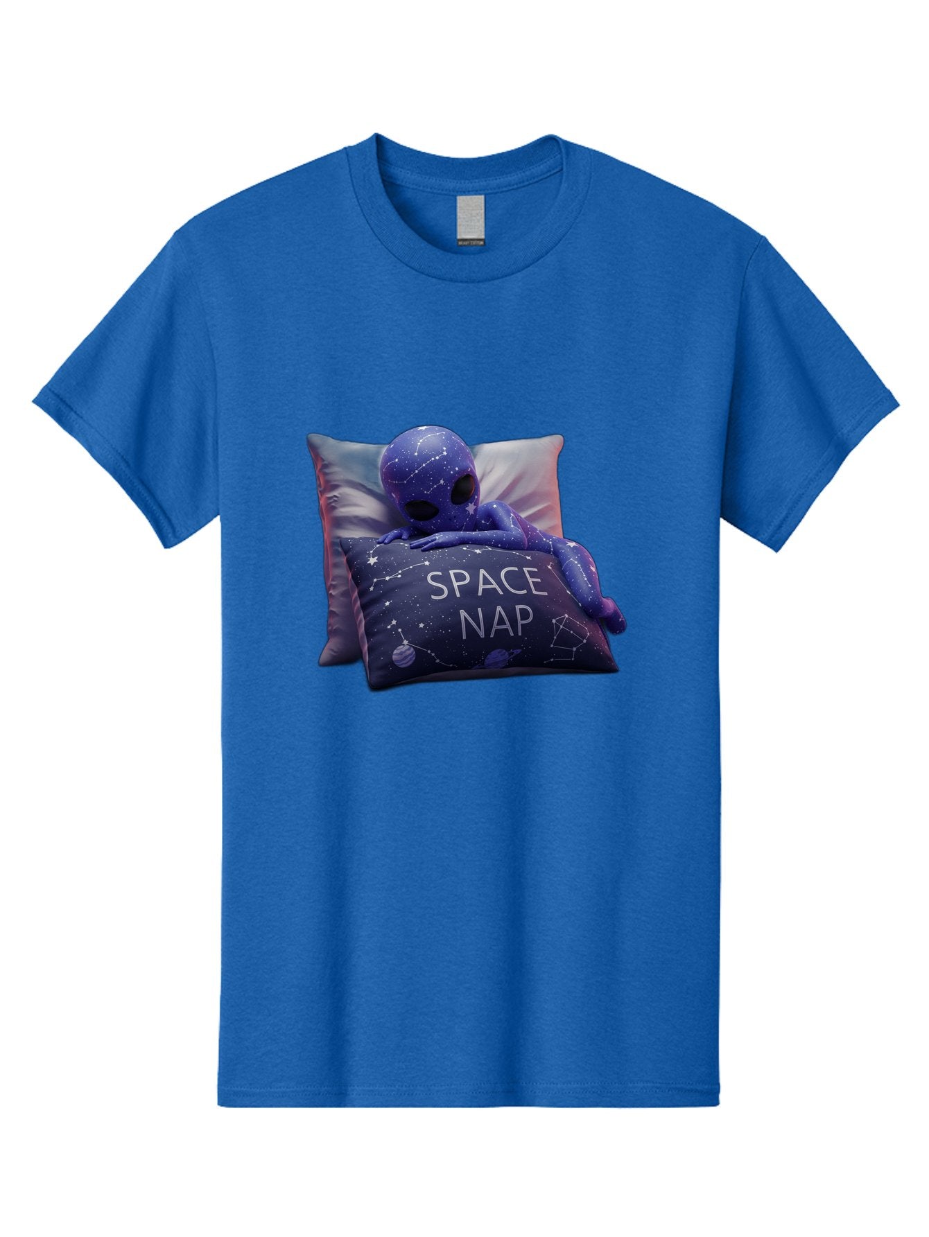 Space-Nap-7 Men'S Graphic Tee, 100% Cotton, Comfortable Casual Summer Wear, Machine Washable, Purple Alien Doll, Sleeping On Pillows, Galaxy-Themed Pillowcase, Cute Extraterrestrial, Space-Themed Decor, Constellations, Stars, Planets, Bad672 5