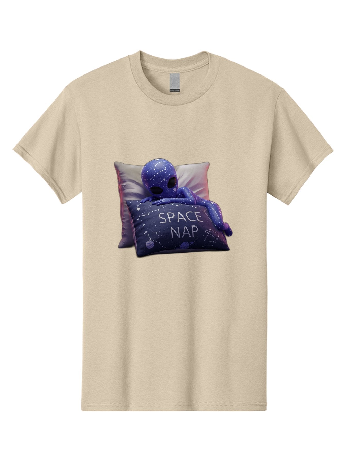 Space-Nap-7 Men'S Graphic Tee, 100% Cotton, Comfortable Casual Summer Wear, Machine Washable, Purple Alien Doll, Sleeping On Pillows, Galaxy-Themed Pillowcase, Cute Extraterrestrial, Space-Themed Decor, Constellations, Stars, Planets, Bad672 9