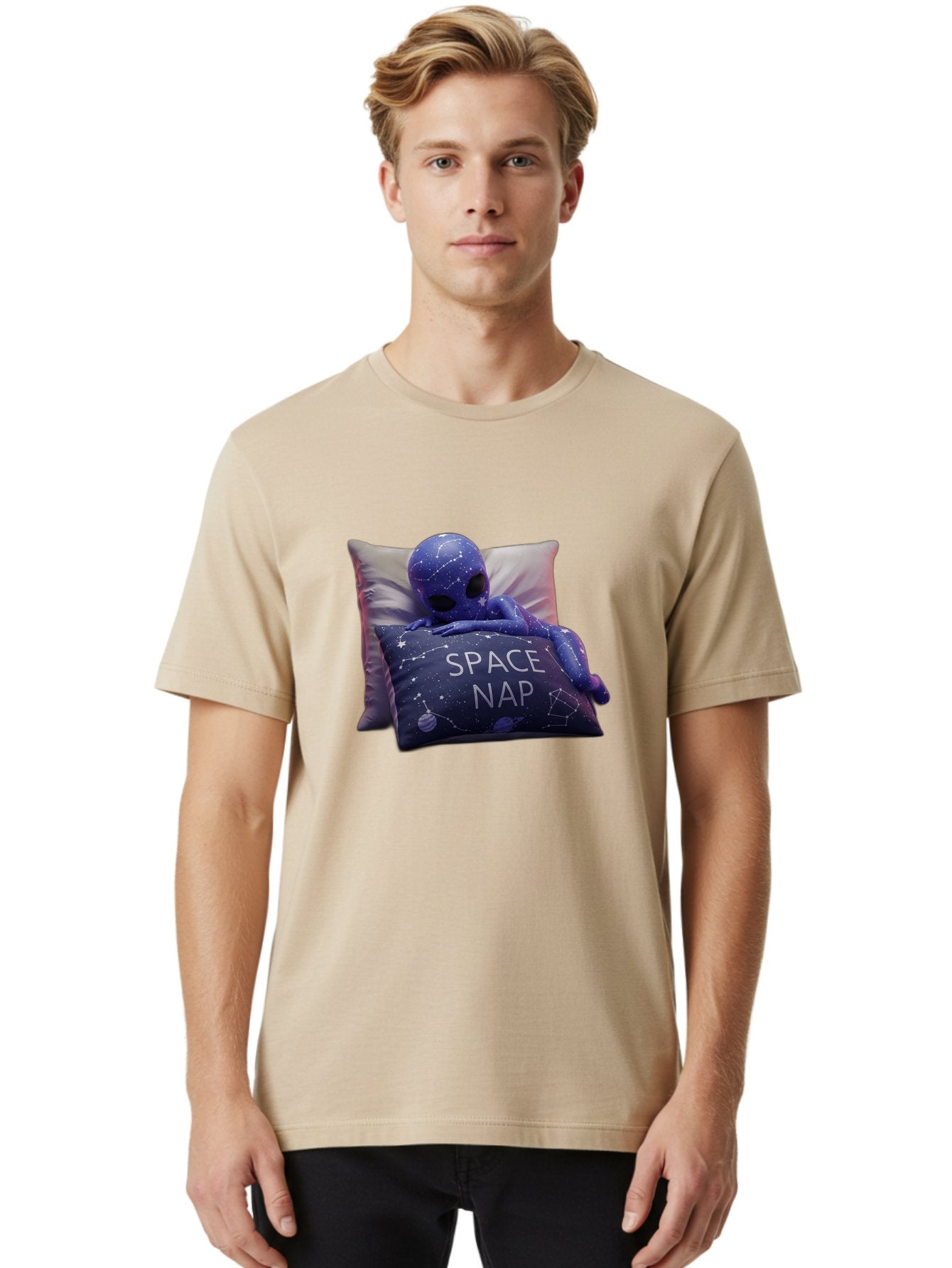 Space-Nap-7 Men'S Graphic Tee, 100% Cotton, Comfortable Casual Summer Wear, Machine Washable, Purple Alien Doll, Sleeping On Pillows, Galaxy-Themed Pillowcase, Cute Extraterrestrial, Space-Themed Decor, Constellations, Stars, Planets, Bad672 26
