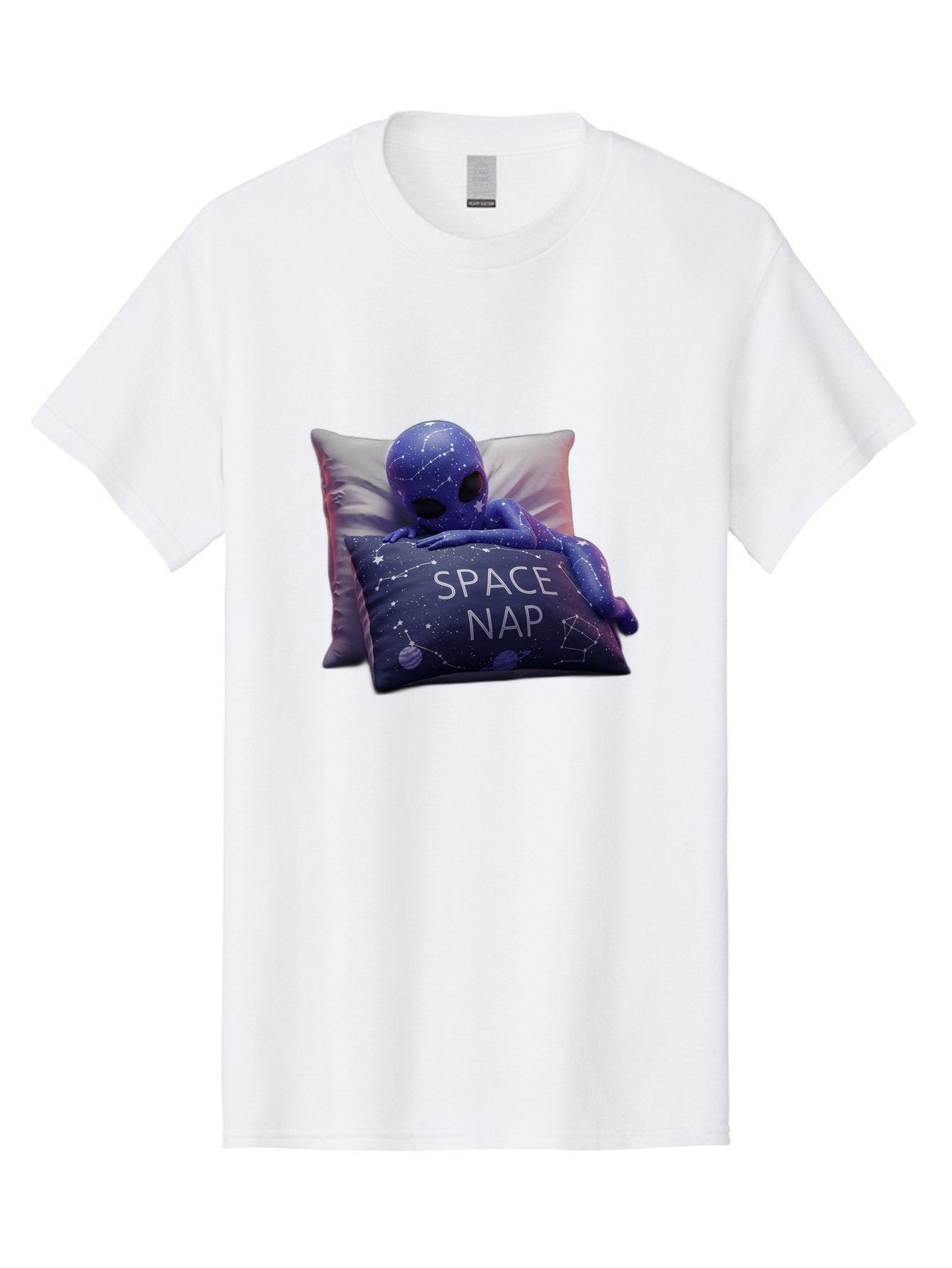 Space-Nap-7 Men'S Graphic Tee, 100% Cotton, Comfortable Casual Summer Wear, Machine Washable, Purple Alien Doll, Sleeping On Pillows, Galaxy-Themed Pillowcase, Cute Extraterrestrial, Space-Themed Decor, Constellations, Stars, Planets, Bad672 11