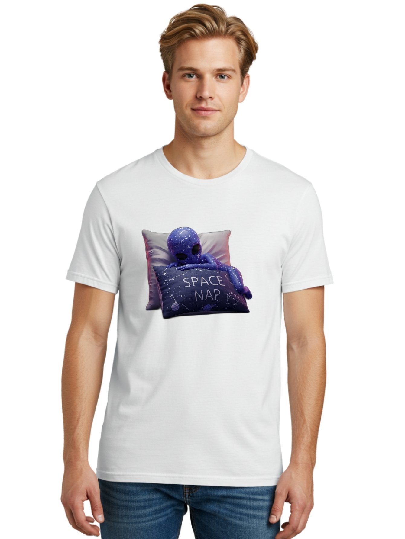 Space-Nap-7 Men'S Graphic Tee, 100% Cotton, Comfortable Casual Summer Wear, Machine Washable, Purple Alien Doll, Sleeping On Pillows, Galaxy-Themed Pillowcase, Cute Extraterrestrial, Space-Themed Decor, Constellations, Stars, Planets, Bad672 27