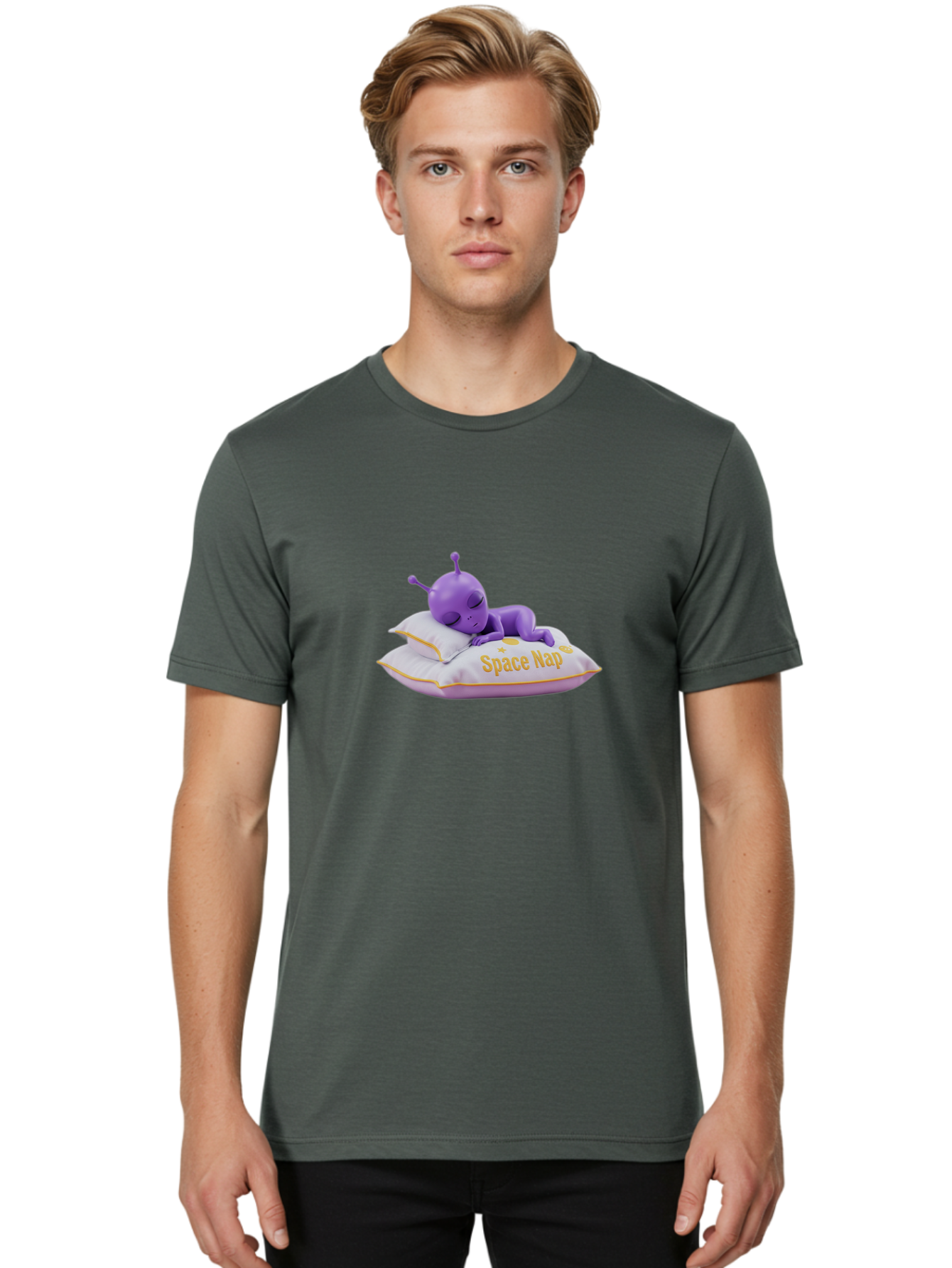 Space-Nap Men'S Graphic Tee, 100% Cotton, Comfortable Casual Summer Wear, Machine Washable, Purple Alien Sleeping On Pillow, Space Nap, Cartoon Character, 3D Illustration, Funny Alien, Resting In Space, Cute Extraterrestrial, Bad673 26