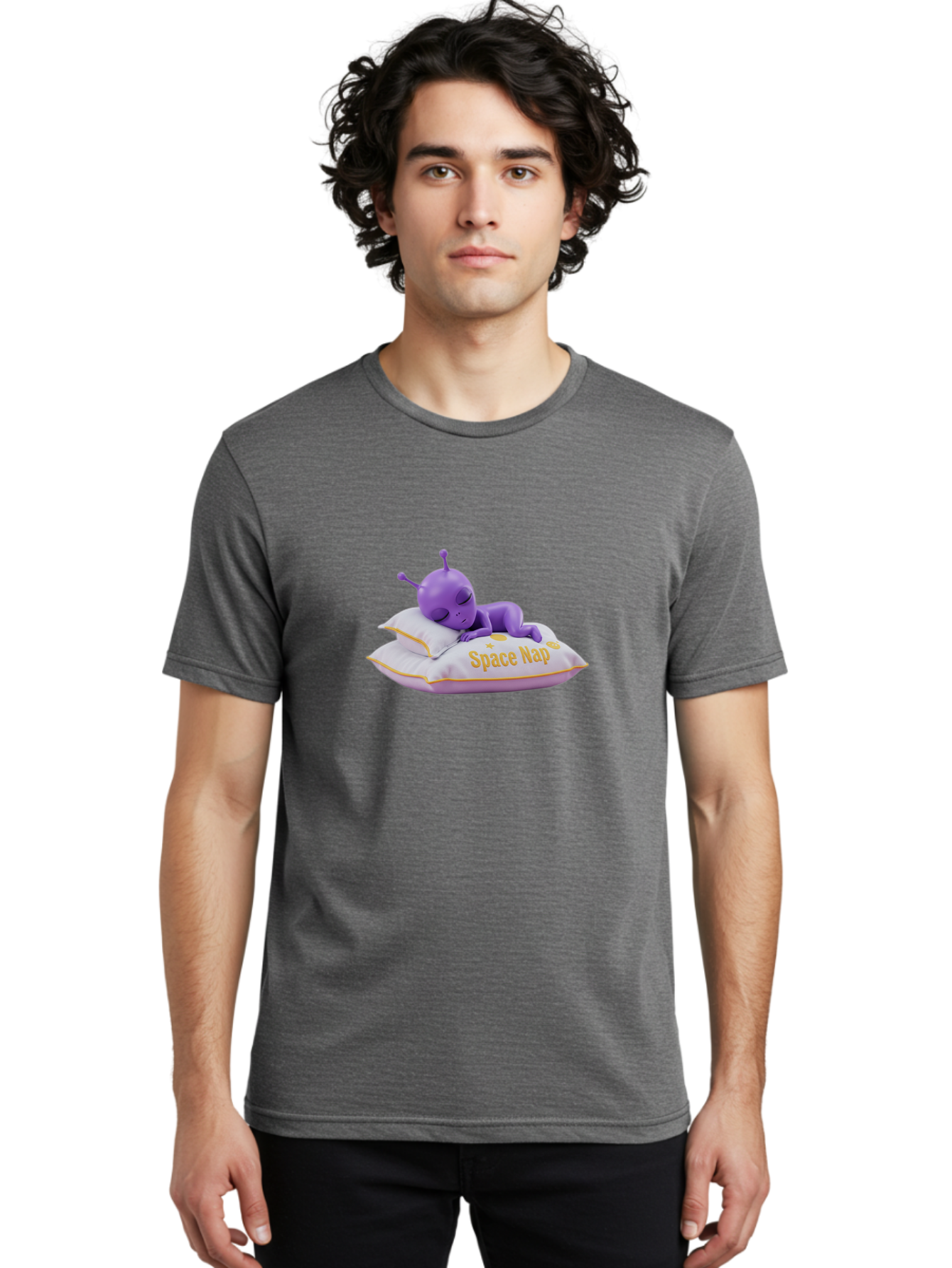 Space-Nap Men'S Graphic Tee, 100% Cotton, Comfortable Casual Summer Wear, Machine Washable, Purple Alien Sleeping On Pillow, Space Nap, Cartoon Character, 3D Illustration, Funny Alien, Resting In Space, Cute Extraterrestrial, Bad673 24