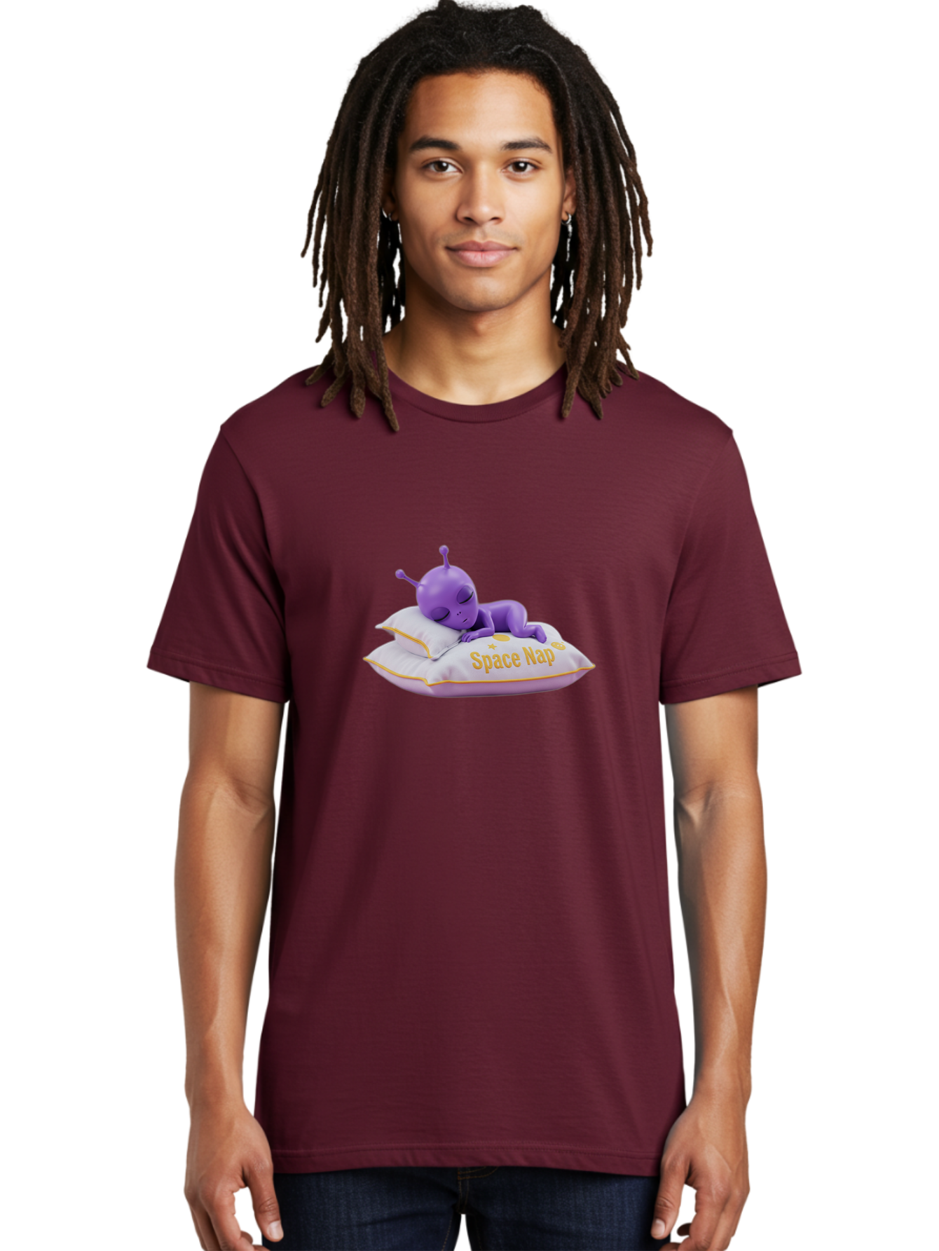 Space-Nap Men'S Graphic Tee, 100% Cotton, Comfortable Casual Summer Wear, Machine Washable, Purple Alien Sleeping On Pillow, Space Nap, Cartoon Character, 3D Illustration, Funny Alien, Resting In Space, Cute Extraterrestrial, Bad673 17