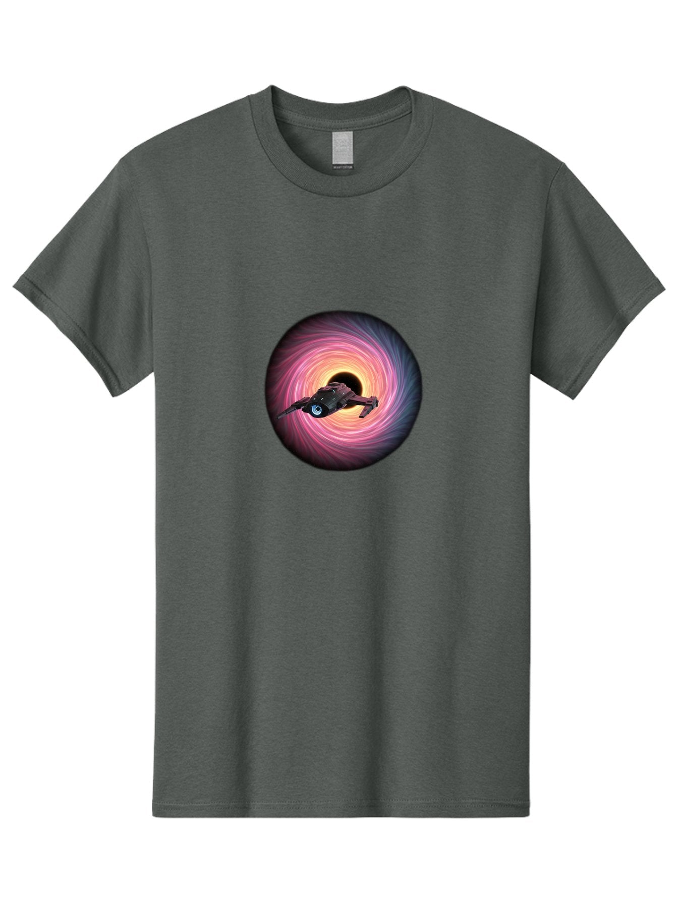 Spaceship-Flying-Into-Swirling-Vortex Men'S Graphic Tee, 100% Cotton, Comfortable Casual Summer Wear, Machine Washable, Spaceship In A Vortex, Black Hole, Pink And Purple Swirl, Sci-Fi Scene, Futuristic, Space Travel, Intergalactic Journey, Bad675 3