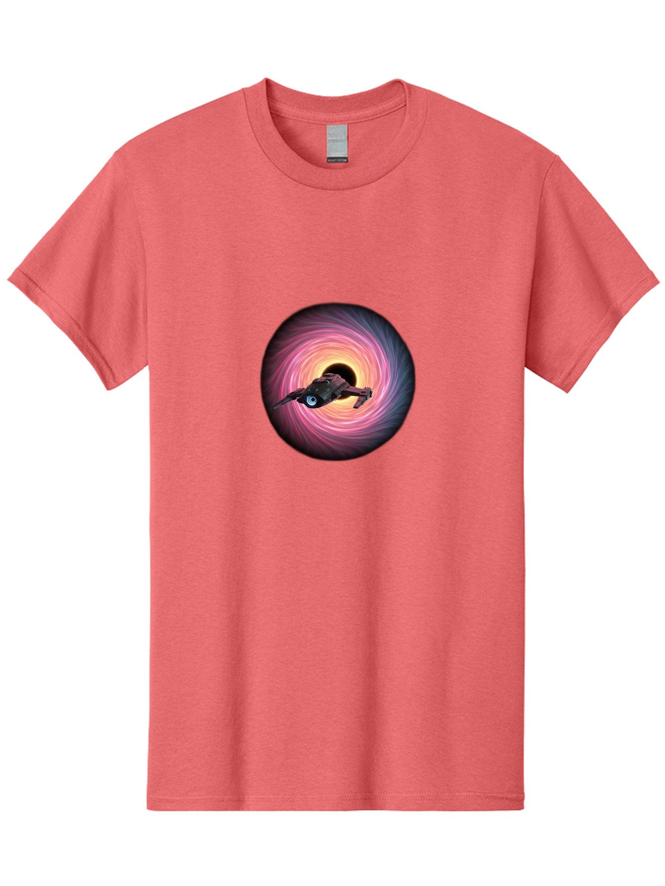 Spaceship-Flying-Into-Swirling-Vortex Men'S Graphic Tee, 100% Cotton, Comfortable Casual Summer Wear, Machine Washable, Spaceship In A Vortex, Black Hole, Pink And Purple Swirl, Sci-Fi Scene, Futuristic, Space Travel, Intergalactic Journey, Bad675 7