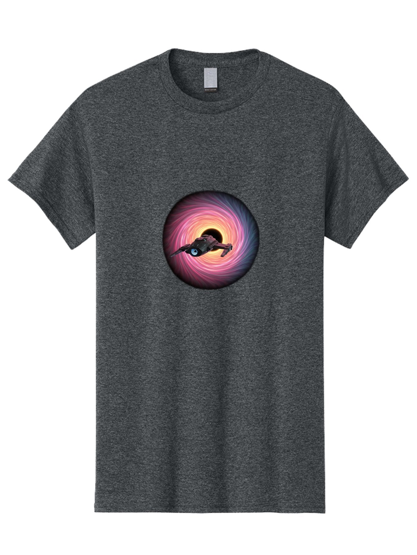 Spaceship-Flying-Into-Swirling-Vortex Men'S Graphic Tee, 100% Cotton, Comfortable Casual Summer Wear, Machine Washable, Spaceship In A Vortex, Black Hole, Pink And Purple Swirl, Sci-Fi Scene, Futuristic, Space Travel, Intergalactic Journey, Bad675