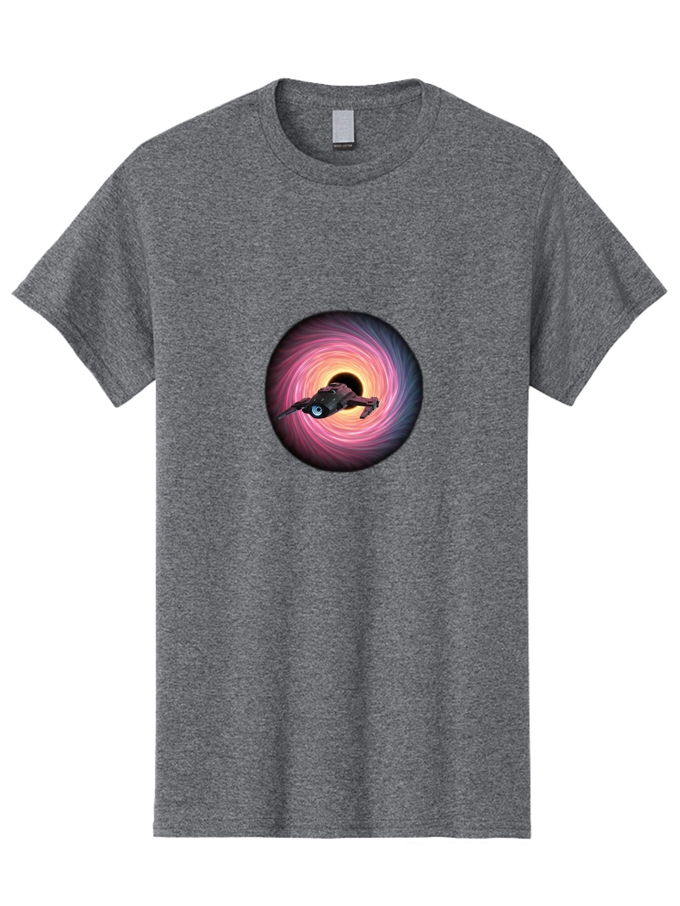 Spaceship-Flying-Into-Swirling-Vortex Men'S Graphic Tee, 100% Cotton, Comfortable Casual Summer Wear, Machine Washable, Spaceship In A Vortex, Black Hole, Pink And Purple Swirl, Sci-Fi Scene, Futuristic, Space Travel, Intergalactic Journey, Bad675