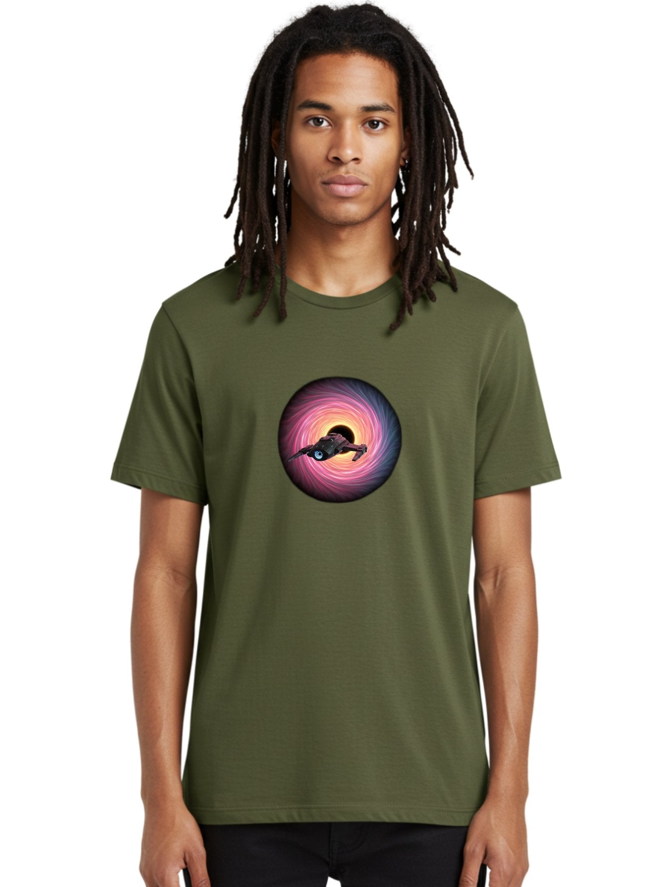 Spaceship-Flying-Into-Swirling-Vortex Men'S Graphic Tee, 100% Cotton, Comfortable Casual Summer Wear, Machine Washable, Spaceship In A Vortex, Black Hole, Pink And Purple Swirl, Sci-Fi Scene, Futuristic, Space Travel, Intergalactic Journey, Bad675 30