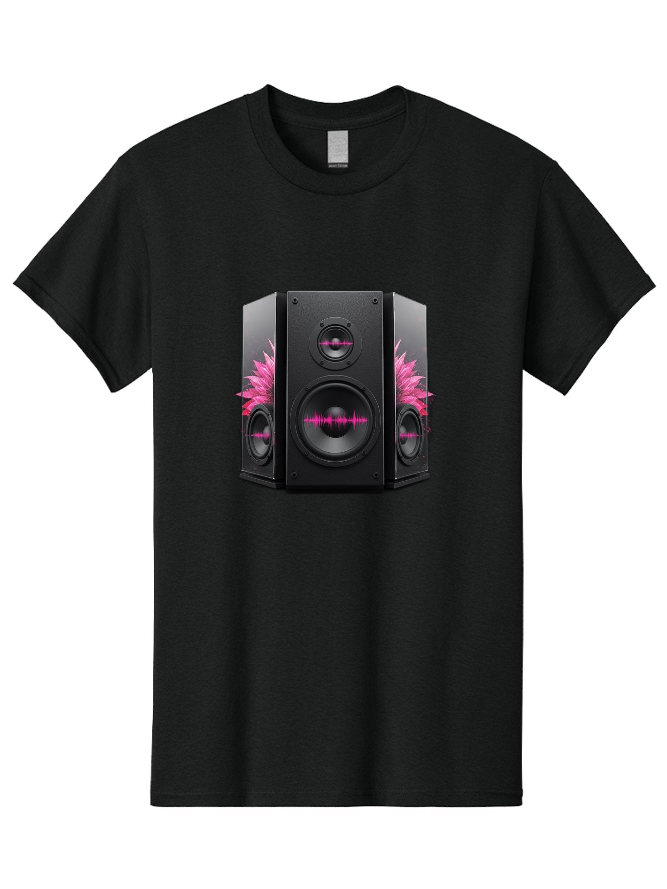 Speakers-With-Pink-Sound-Waves Men'S Graphic Tee, 100% Cotton, Comfortable Casual Summer Wear, Machine Washable, High-Quality Sound Systems, Sleek Designs, Speaker Customization, Vibrant Pink Graphics, Music Technology, Sound Waves Bad678