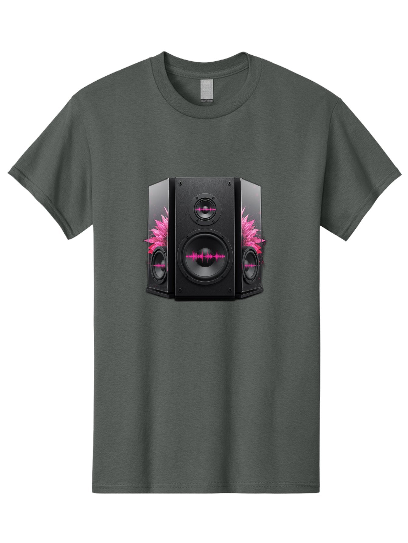 Speakers-With-Pink-Sound-Waves Men'S Graphic Tee, 100% Cotton, Comfortable Casual Summer Wear, Machine Washable, High-Quality Sound Systems, Sleek Designs, Speaker Customization, Vibrant Pink Graphics, Music Technology, Sound Waves Bad678