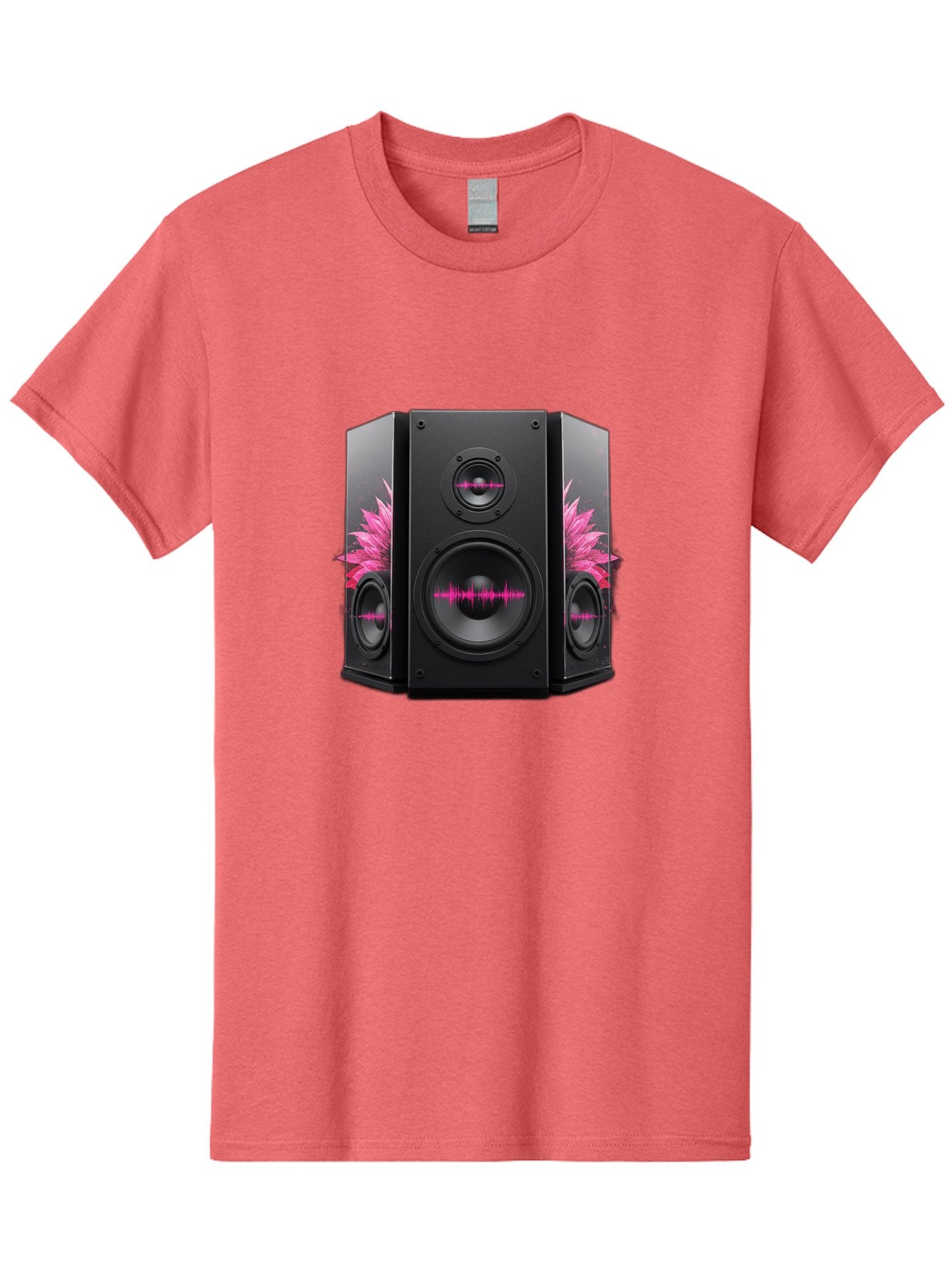 Speakers-With-Pink-Sound-Waves Men'S Graphic Tee, 100% Cotton, Comfortable Casual Summer Wear, Machine Washable, High-Quality Sound Systems, Sleek Designs, Speaker Customization, Vibrant Pink Graphics, Music Technology, Sound Waves Bad678 6